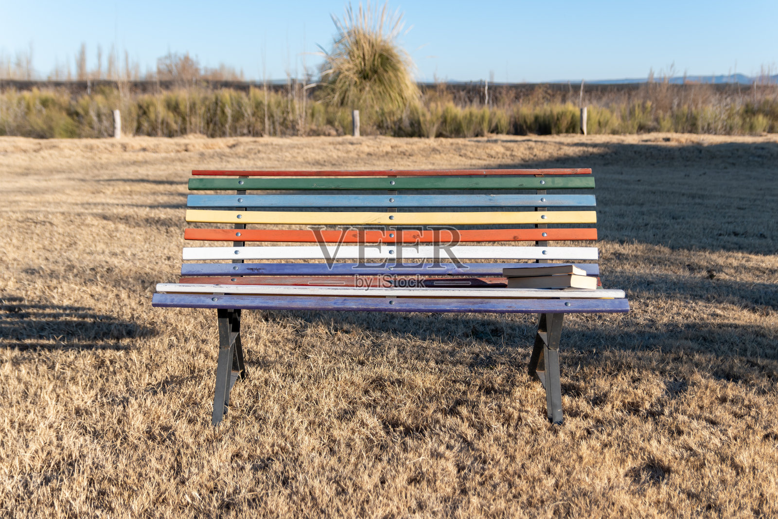 公园里的古色古香的木凳，里面放着书。照片摄影图片