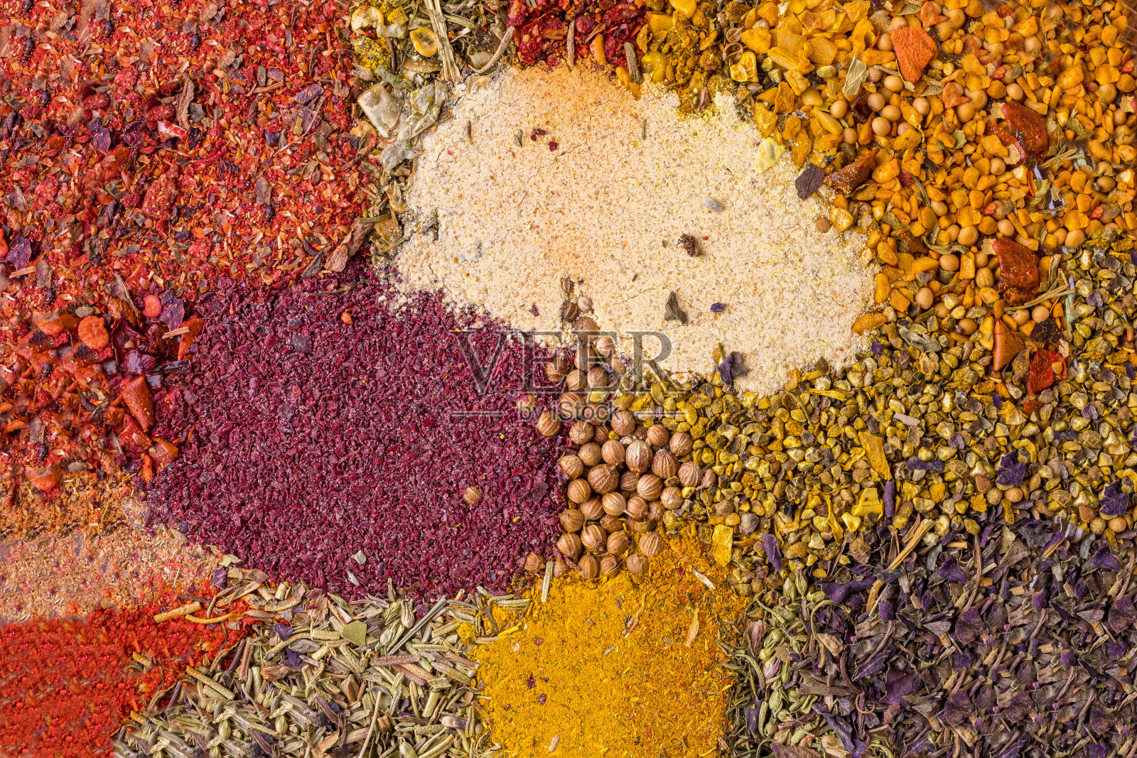 多种肉类香料可供选择。草药调味料。照片摄影图片