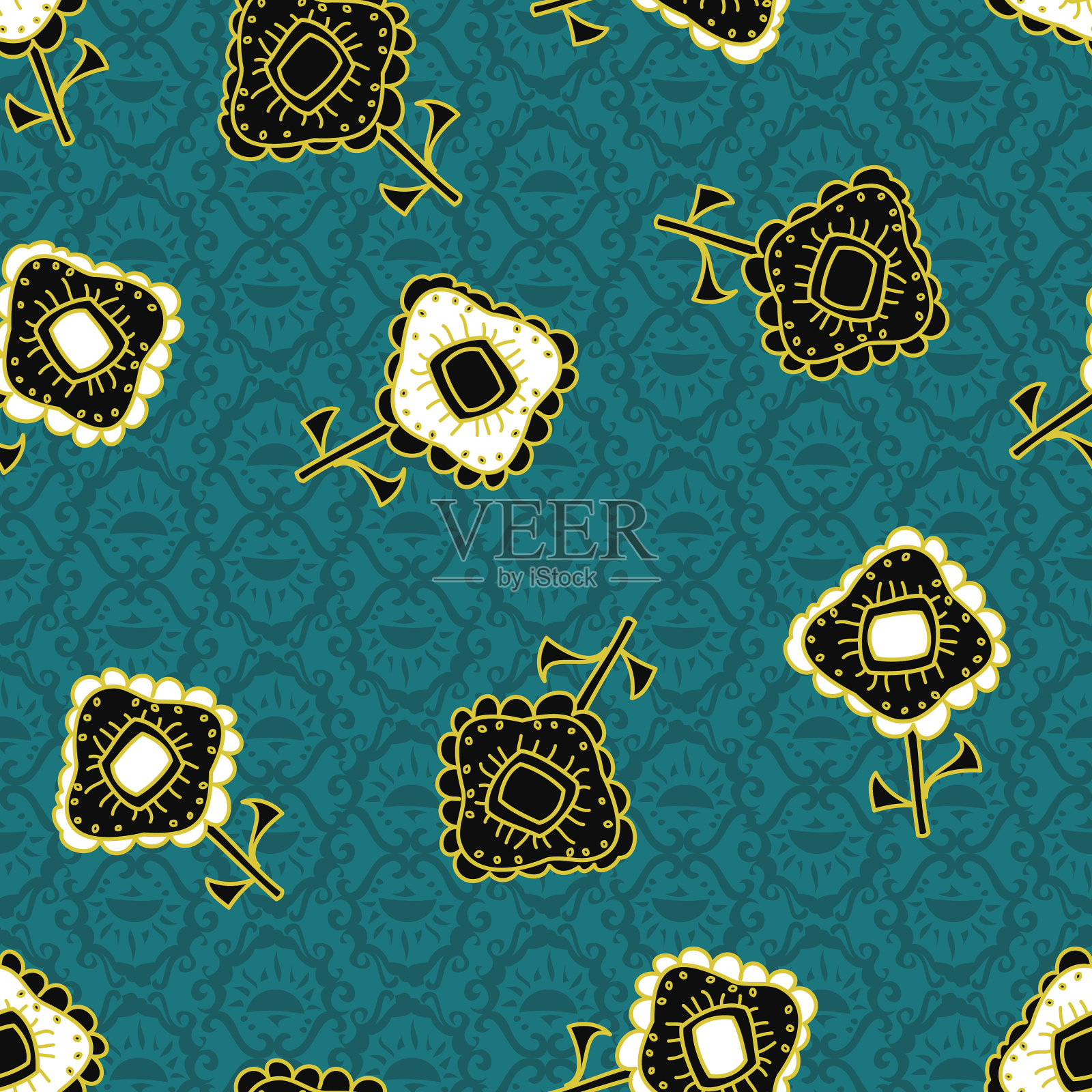 黑白豪华花重复图案插画图片素材