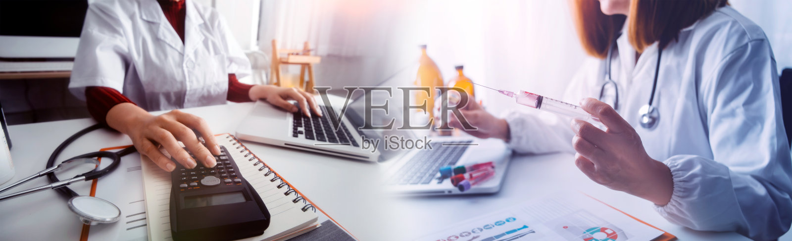 疫苗对抗covid-19冠状病毒，医生或科学家在实验室手持注射器，液体疫苗儿童或老年人，概念:疾病、医疗保健、科学。照片摄影图片