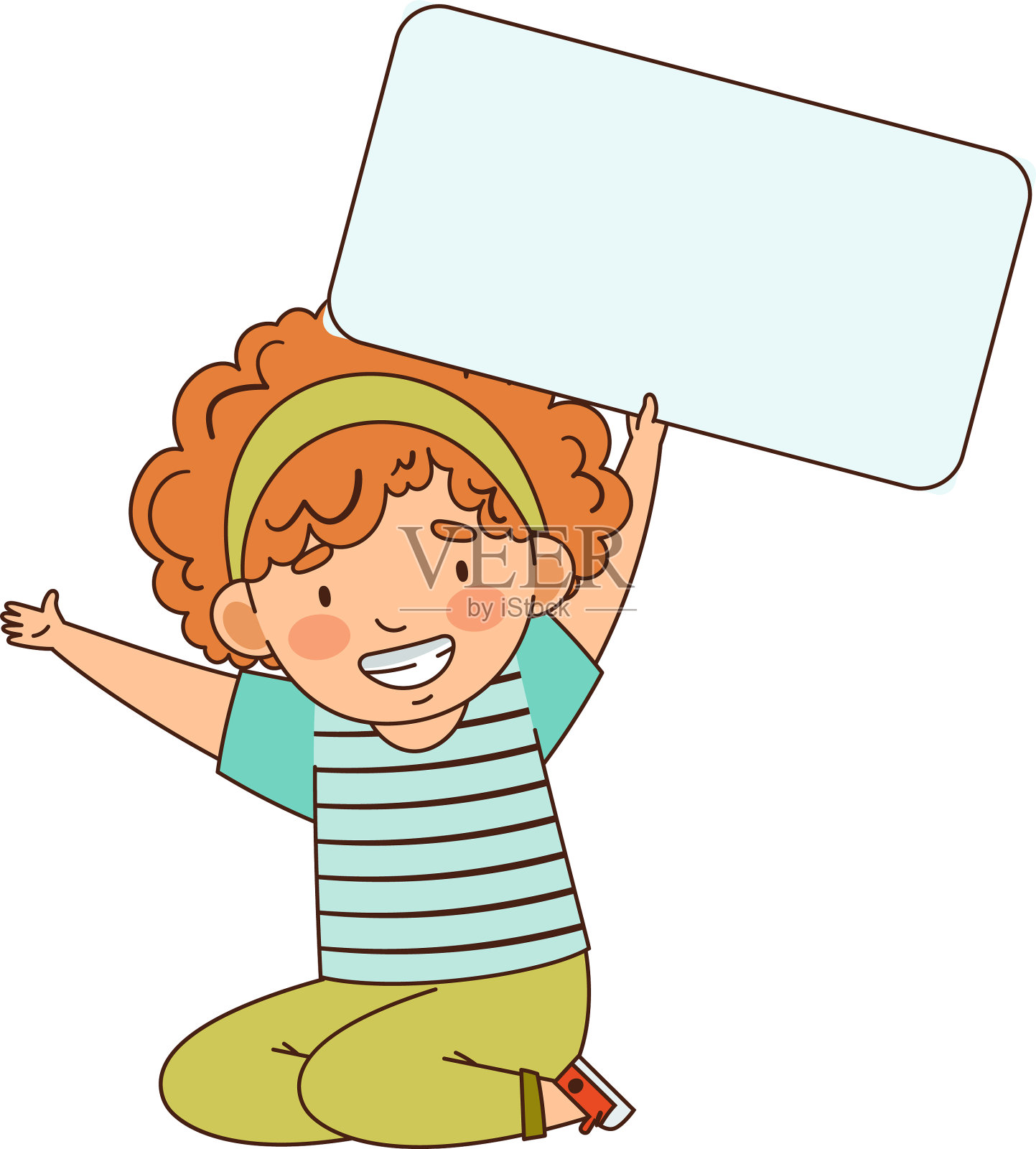 小女孩坐着，手里拿着空矩形插画图片素材