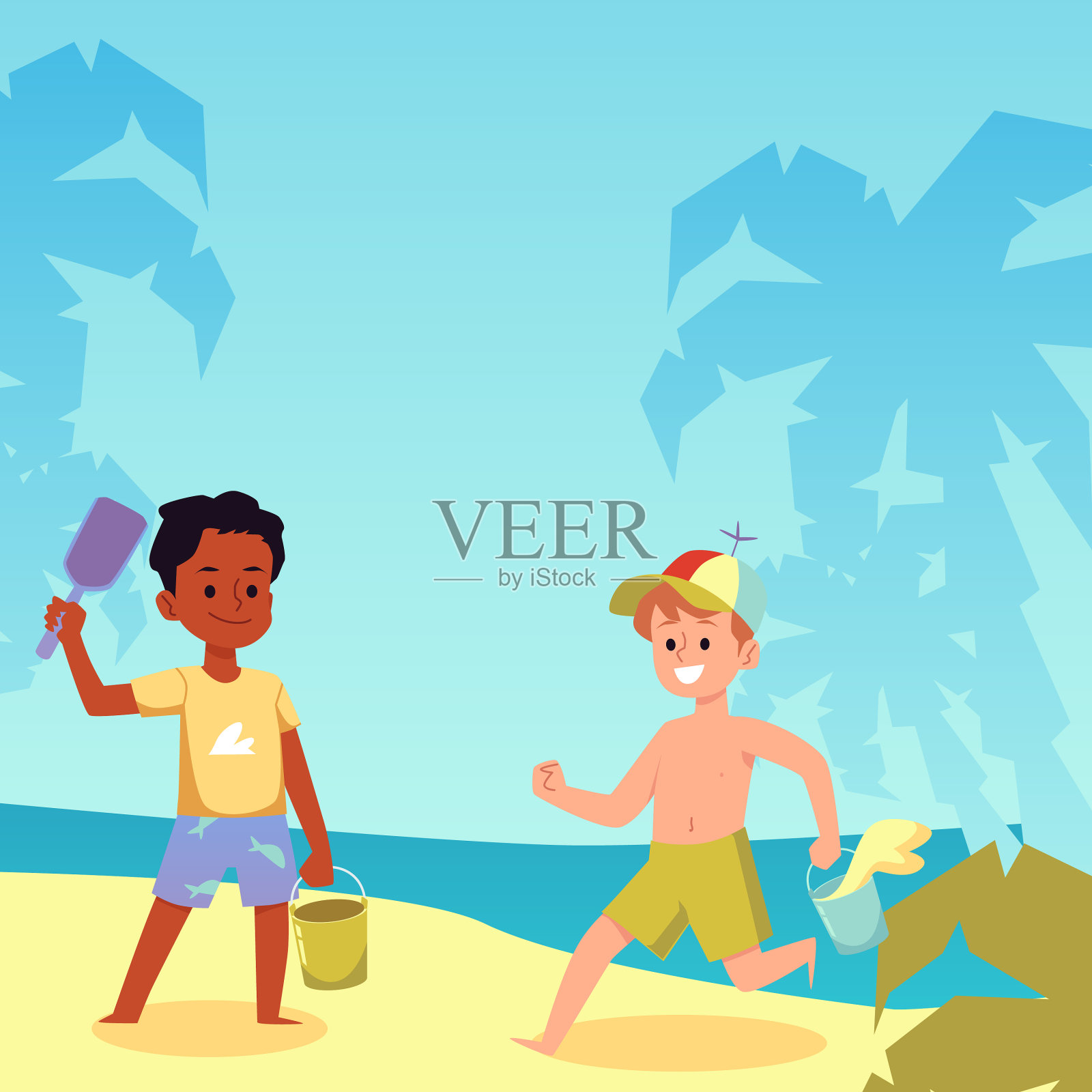 可爱的孩子们在海边的平地上跑步、游泳、玩耍插画图片素材