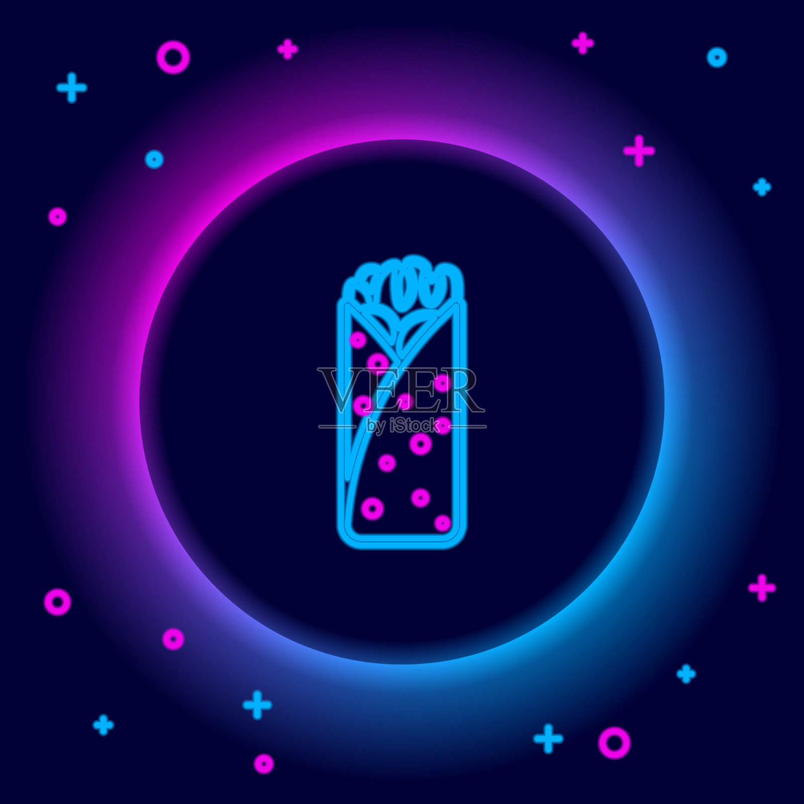 发光的霓虹线玉米煎饼图标孤立在黑色插画图片素材