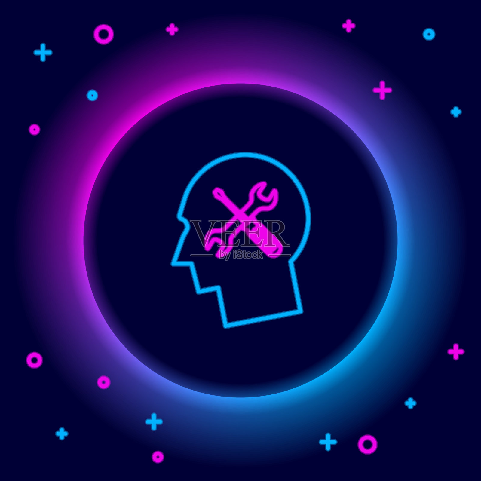 发光的霓虹灯线人的头与螺丝刀插画图片素材