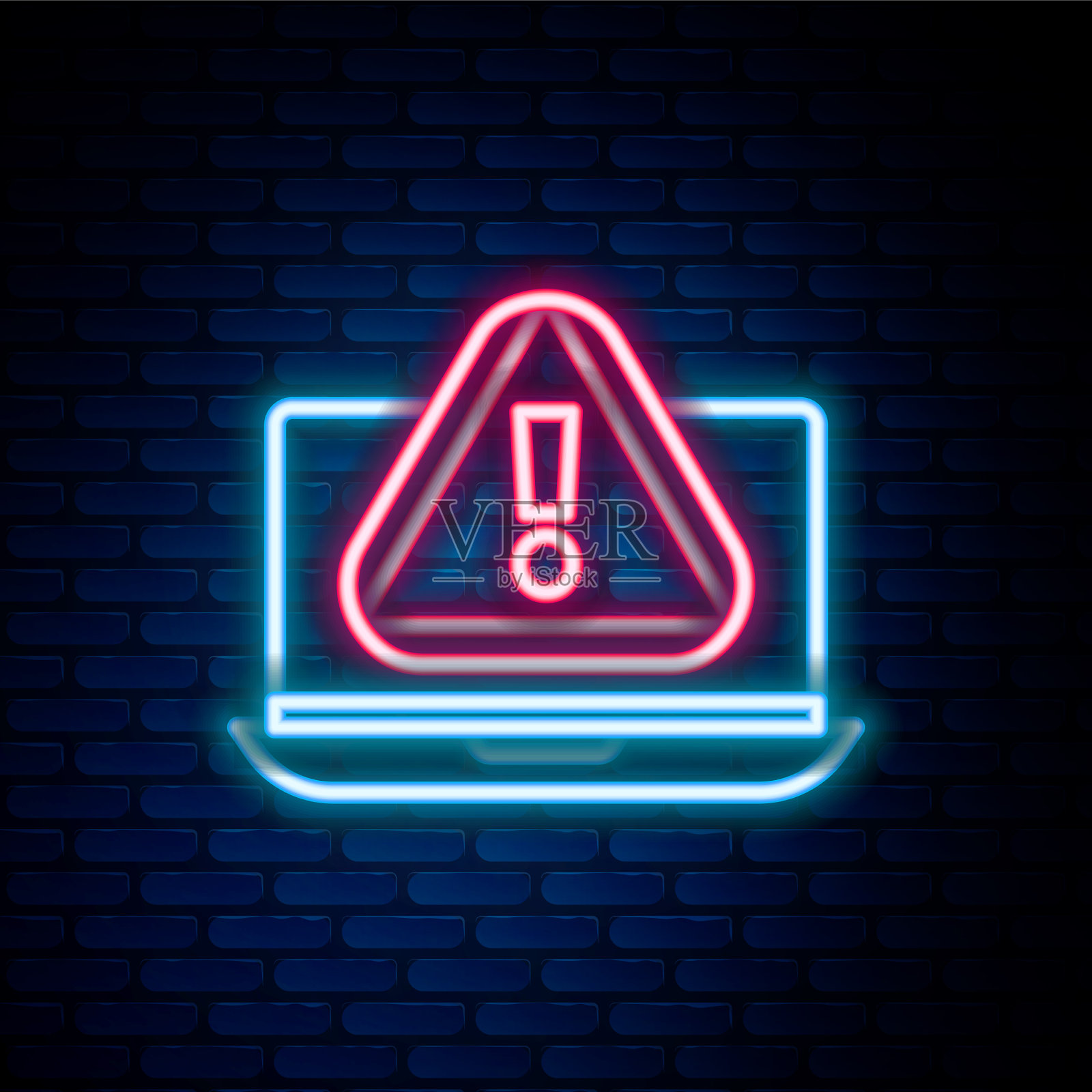 带感叹号的发光氖气线笔记本电脑插画图片素材