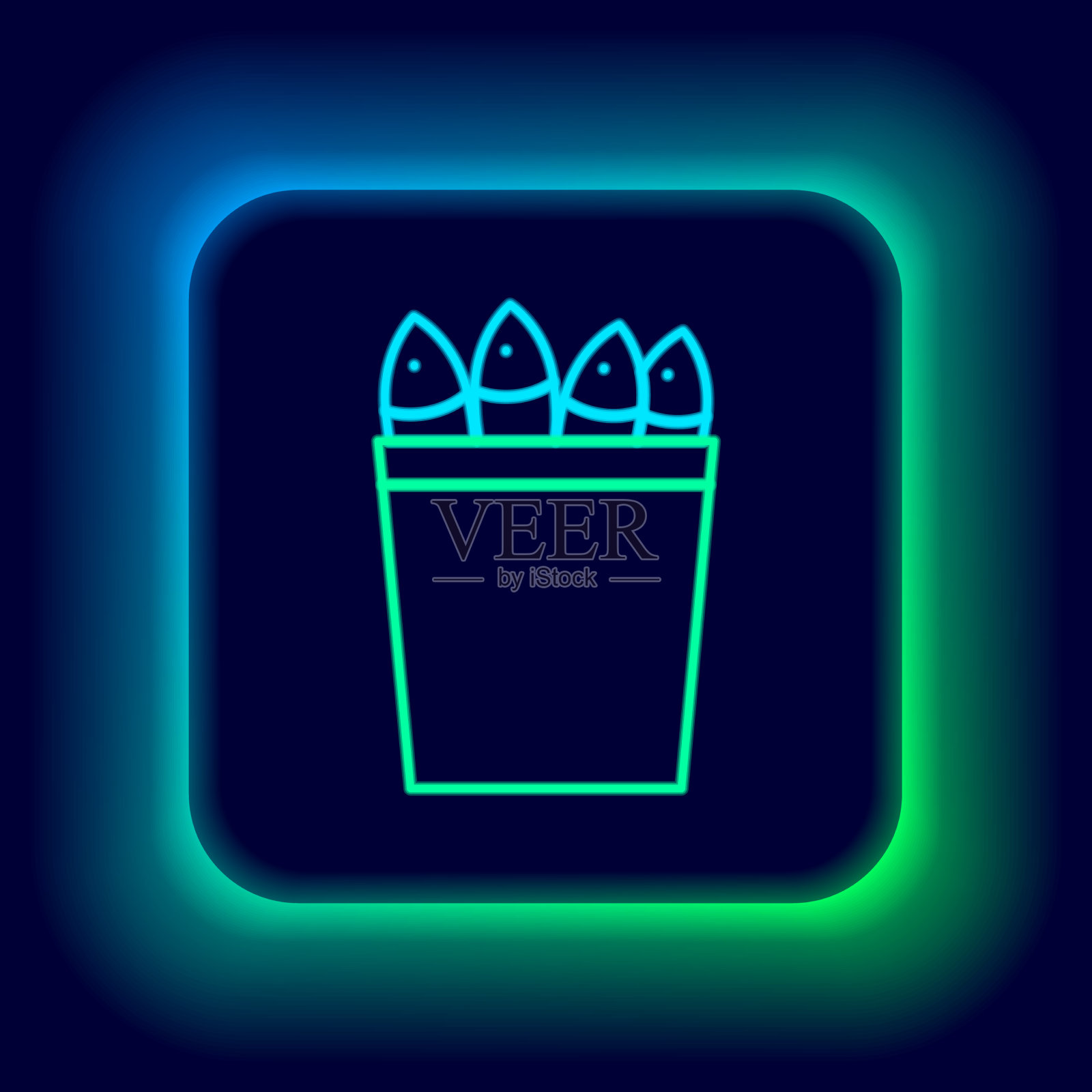 发光的霓虹灯线钓鱼桶与鱼的图标插画图片素材