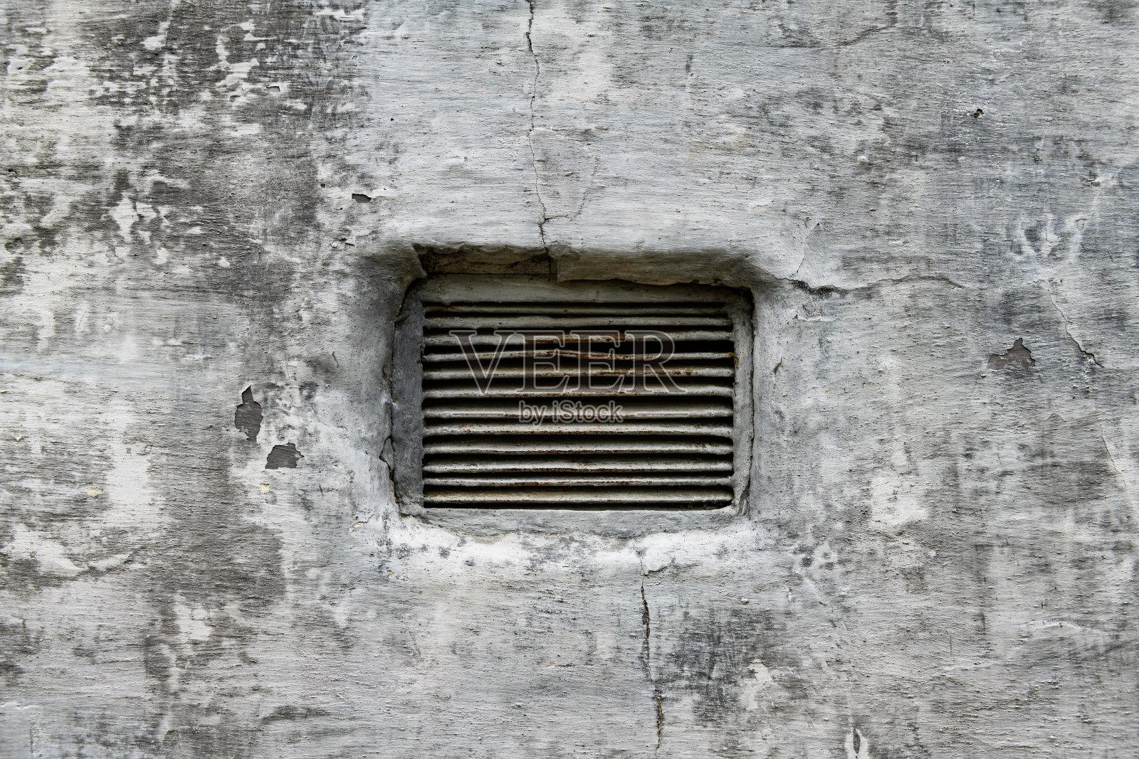 通风格栅和抽象的灰色油漆旧墙的背景或纹理，剥落的油漆和灰泥裂缝像垃圾风格照片摄影图片