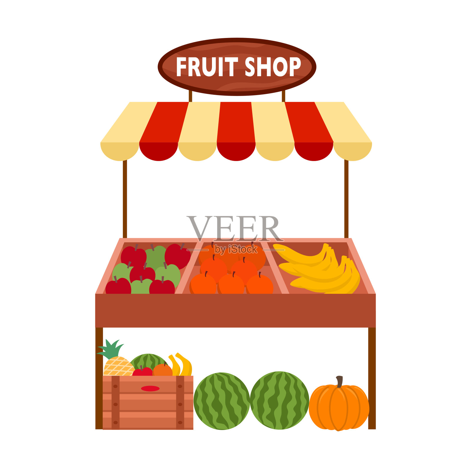 当地农贸市场的水果店，白色背景，平面设计。插画图片素材