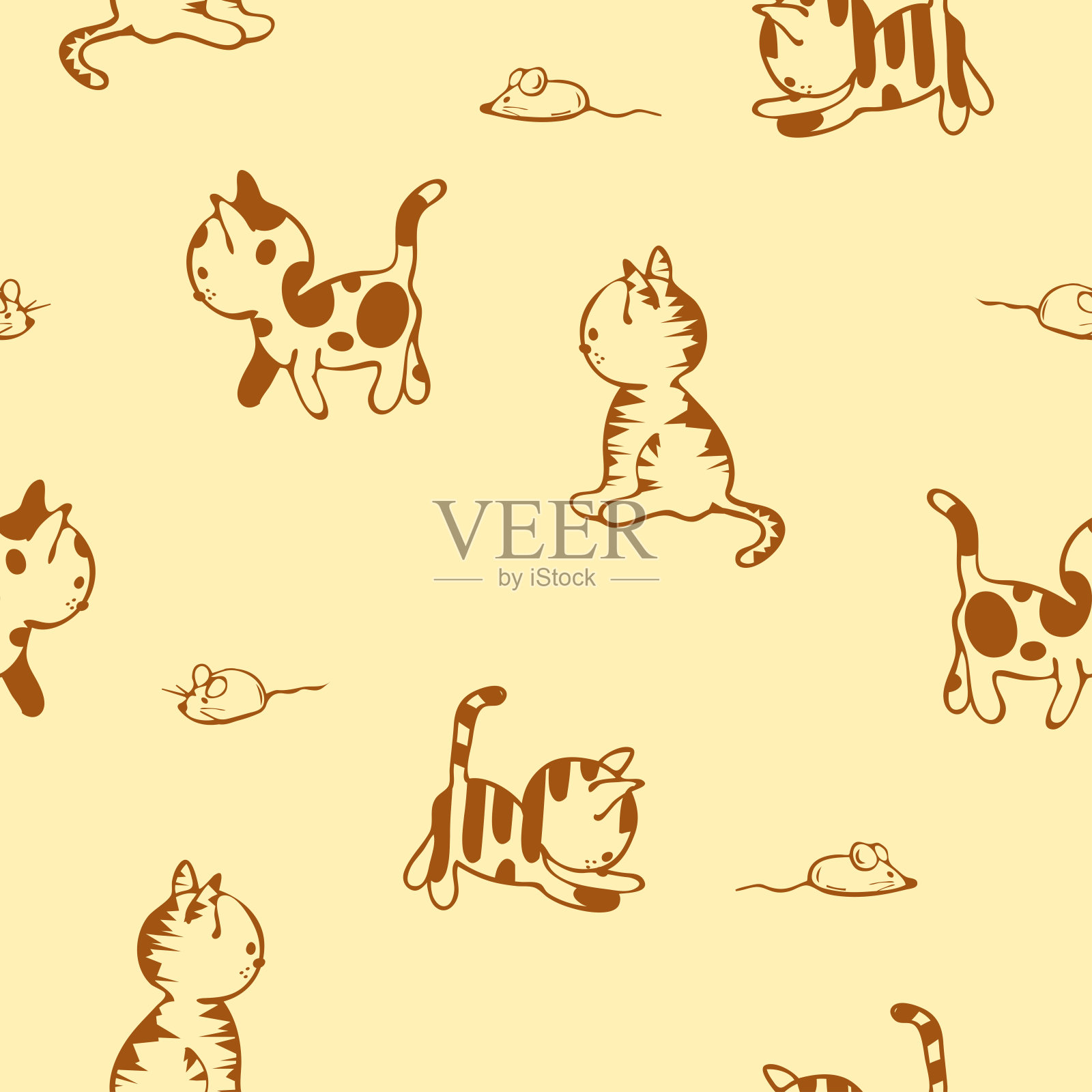 重复矢量图案与猫涂鸦在黄色的背景。简单的手绘小猫墙纸设计。装饰动物时尚纺织品。插画图片素材