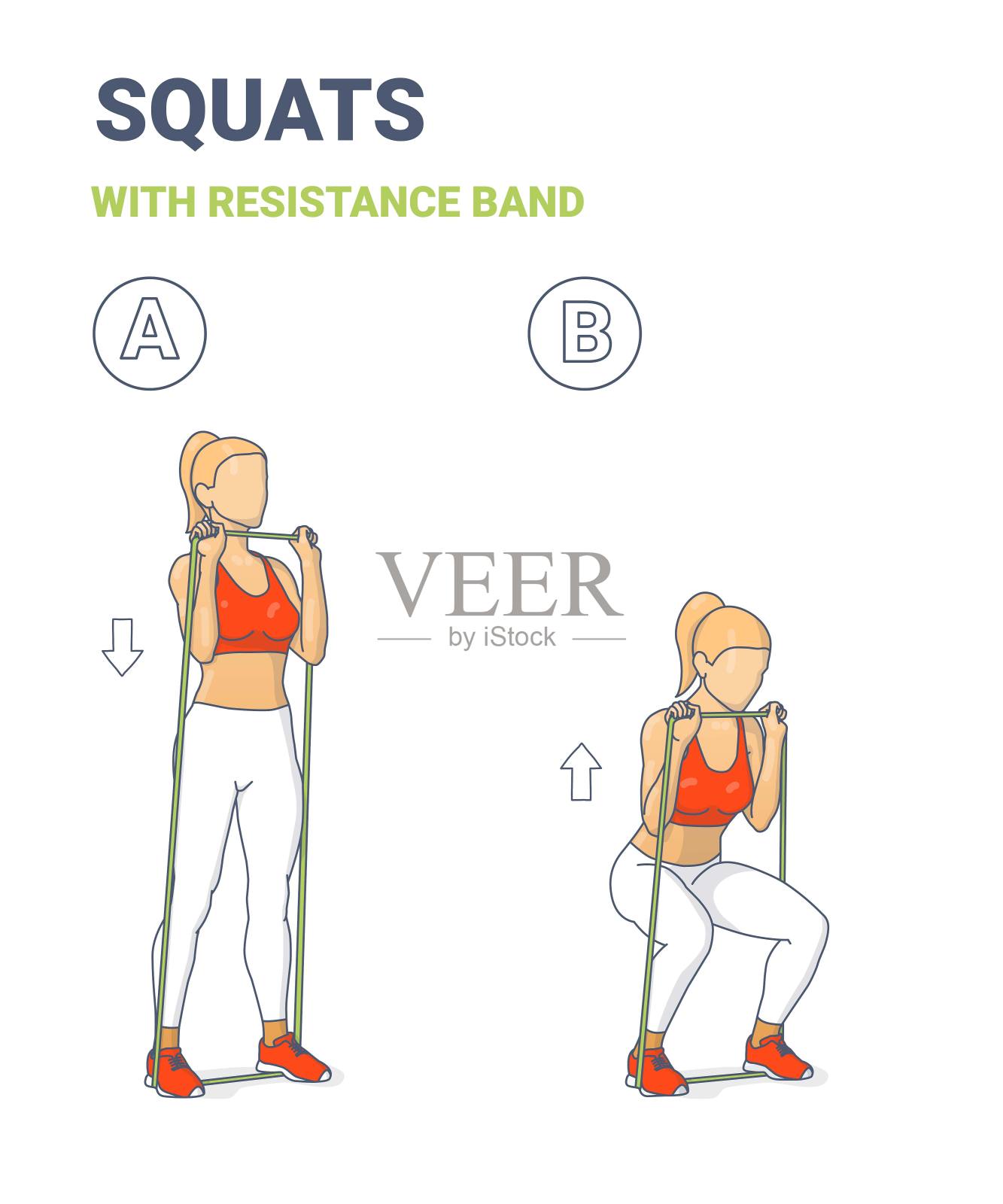 女孩做深蹲在家锻炼与橡胶阻力带设备指导插画图片素材