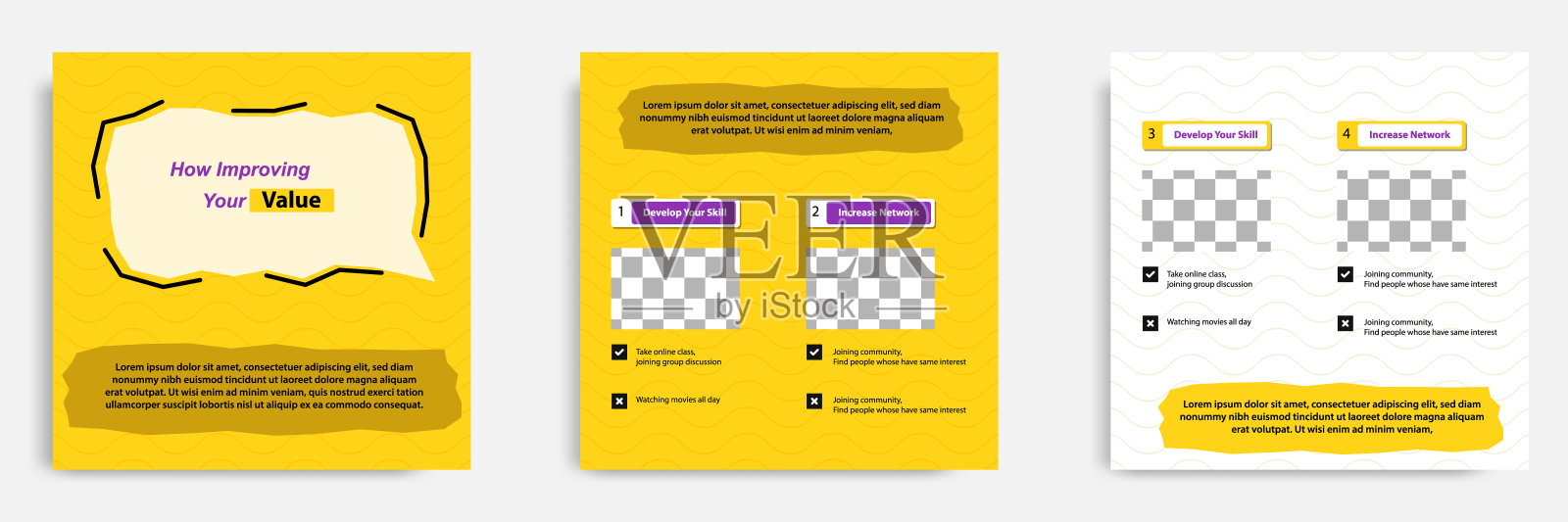 社交媒体教程，提示，技巧，你知道张贴横幅布局模板与黄色背景和波浪无缝模式和抽象元素。插画图片素材