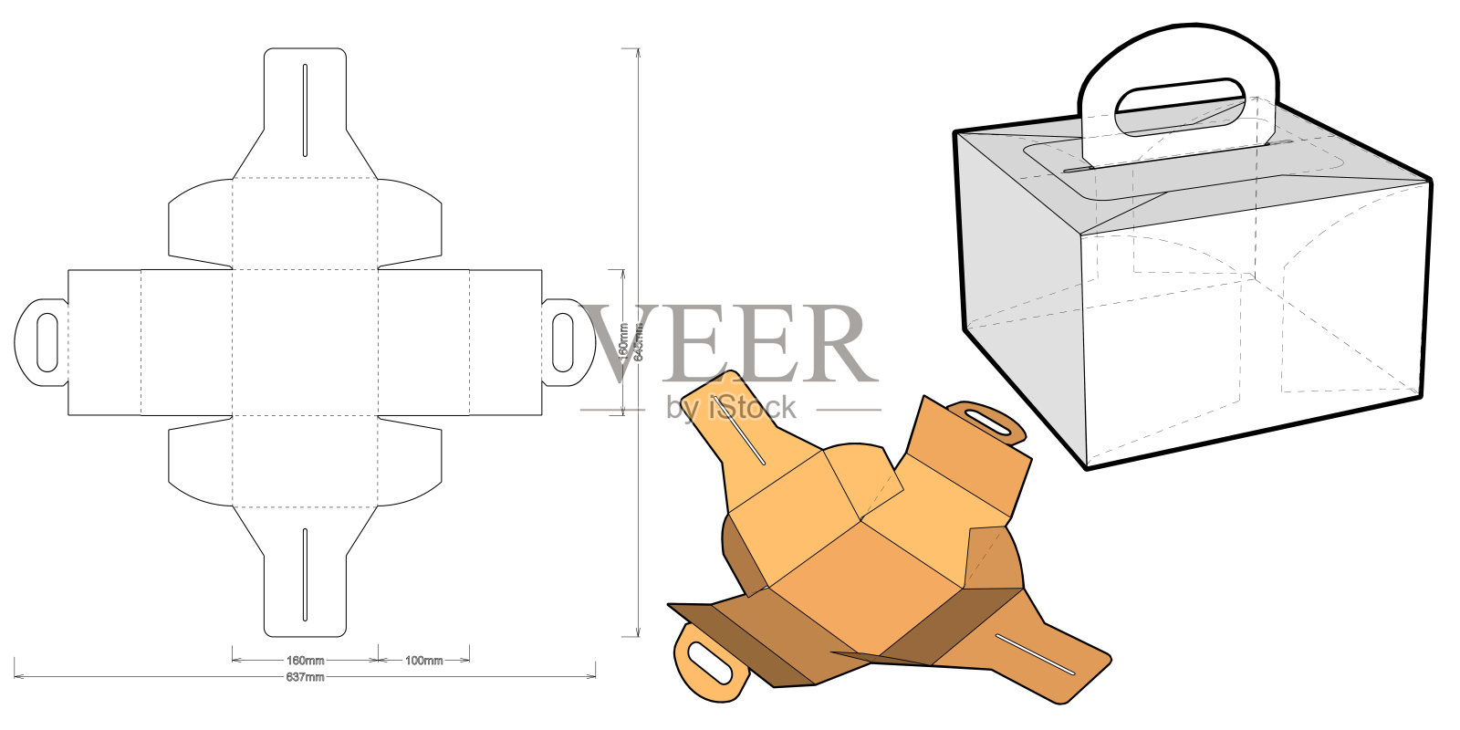 有手柄和模切图案的蛋糕盒。eps文件具有完整的规模和功能。为真正的纸板制作准备。插画图片素材