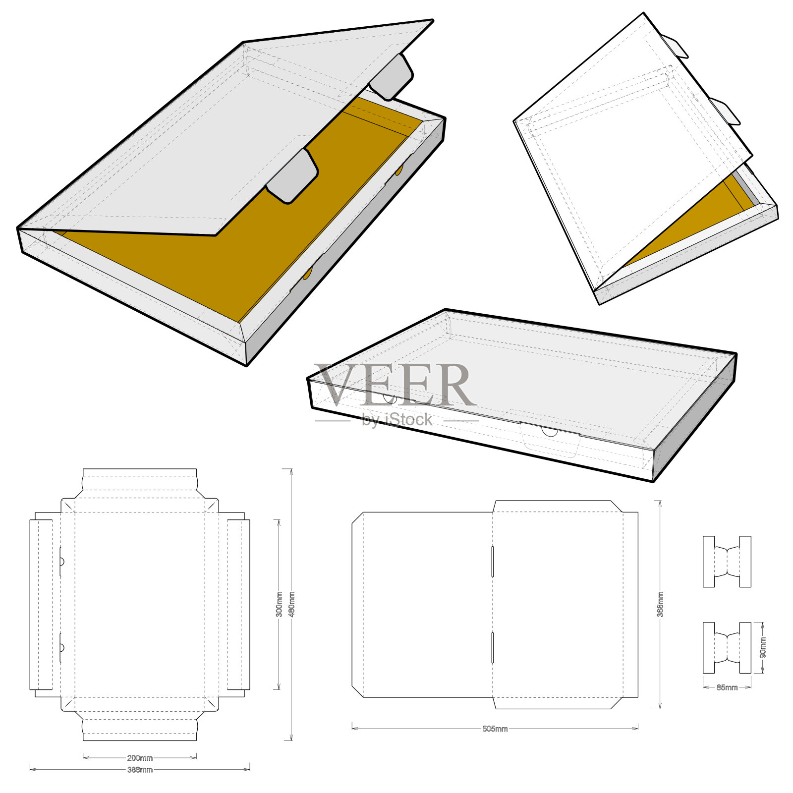 带有框架和盖子的书形盒子(内部尺寸30x20+2.5cm)和模切图案。eps文件具有完整的规模和功能。为真正的纸板制作准备。插画图片素材