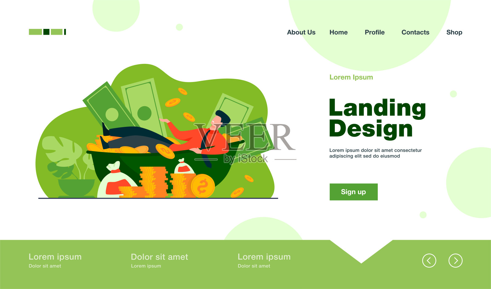 快乐的百万富翁沐浴在现金中插画图片素材