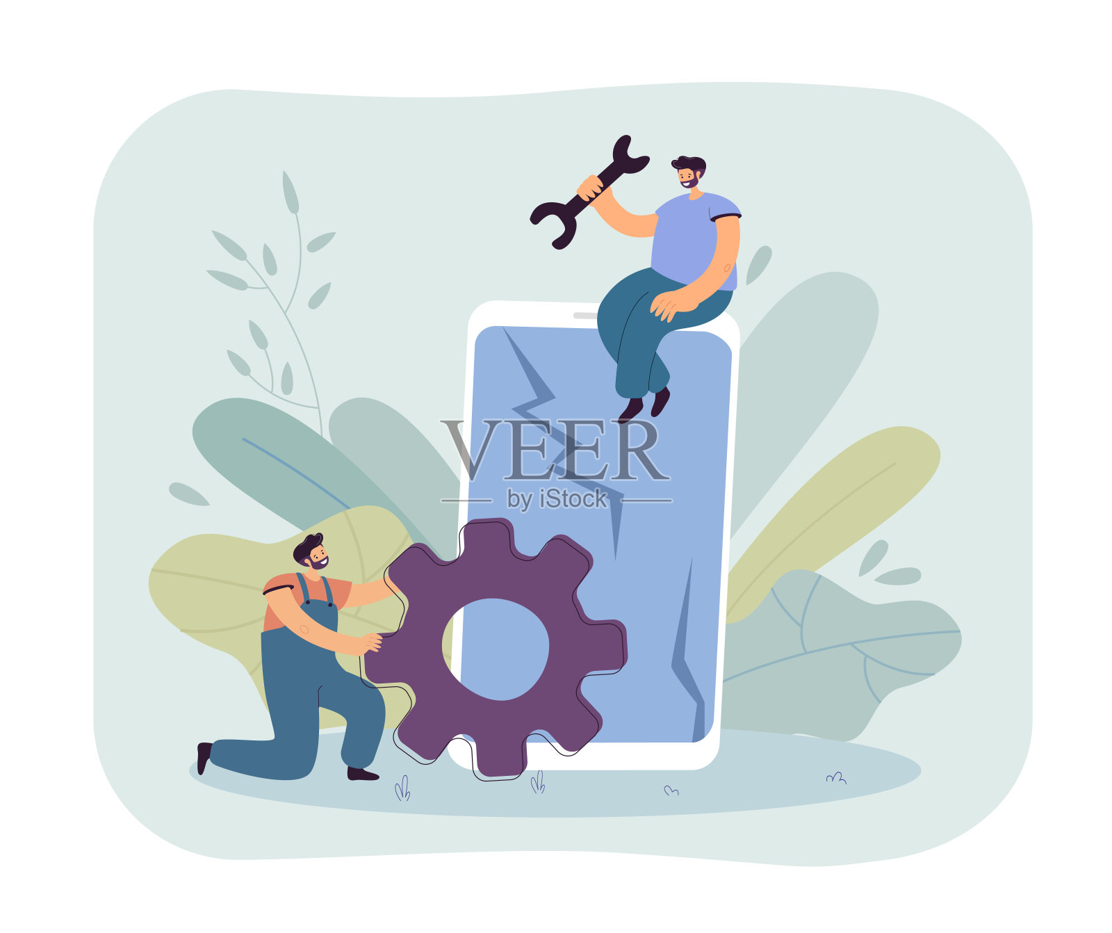 微型修理工用扳手和齿轮修理电话插画图片素材