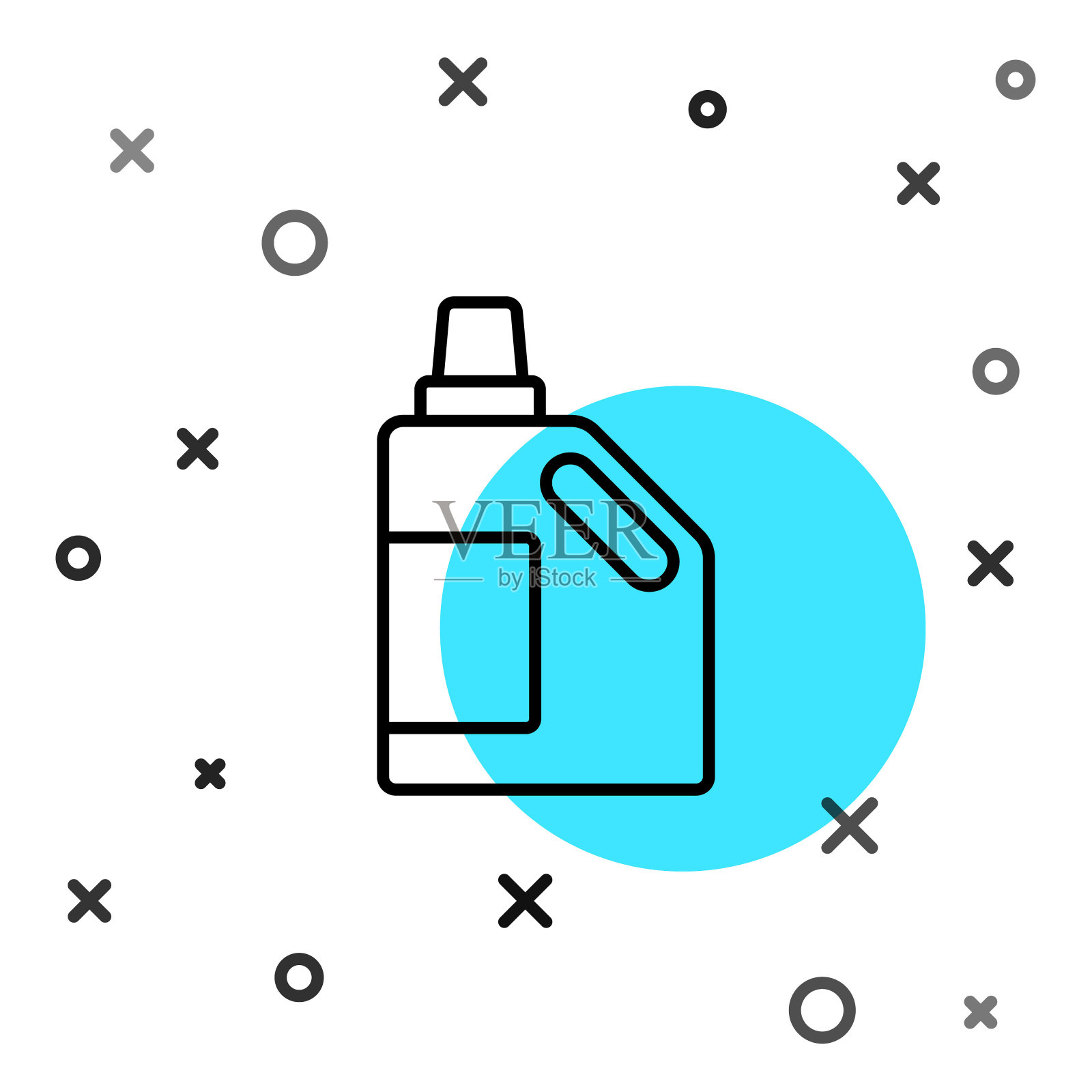 黑色线塑料瓶用于洗衣剂，漂白剂，洗洁精或其他清洁剂图标隔离在白色背景上。随机动态形状。向量插画图片素材