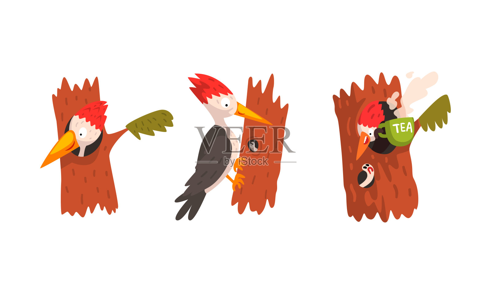 可爱的啄木鸟坐在树干上设置，林地明亮的啄木鸟红雀卡通矢量插图插画图片素材