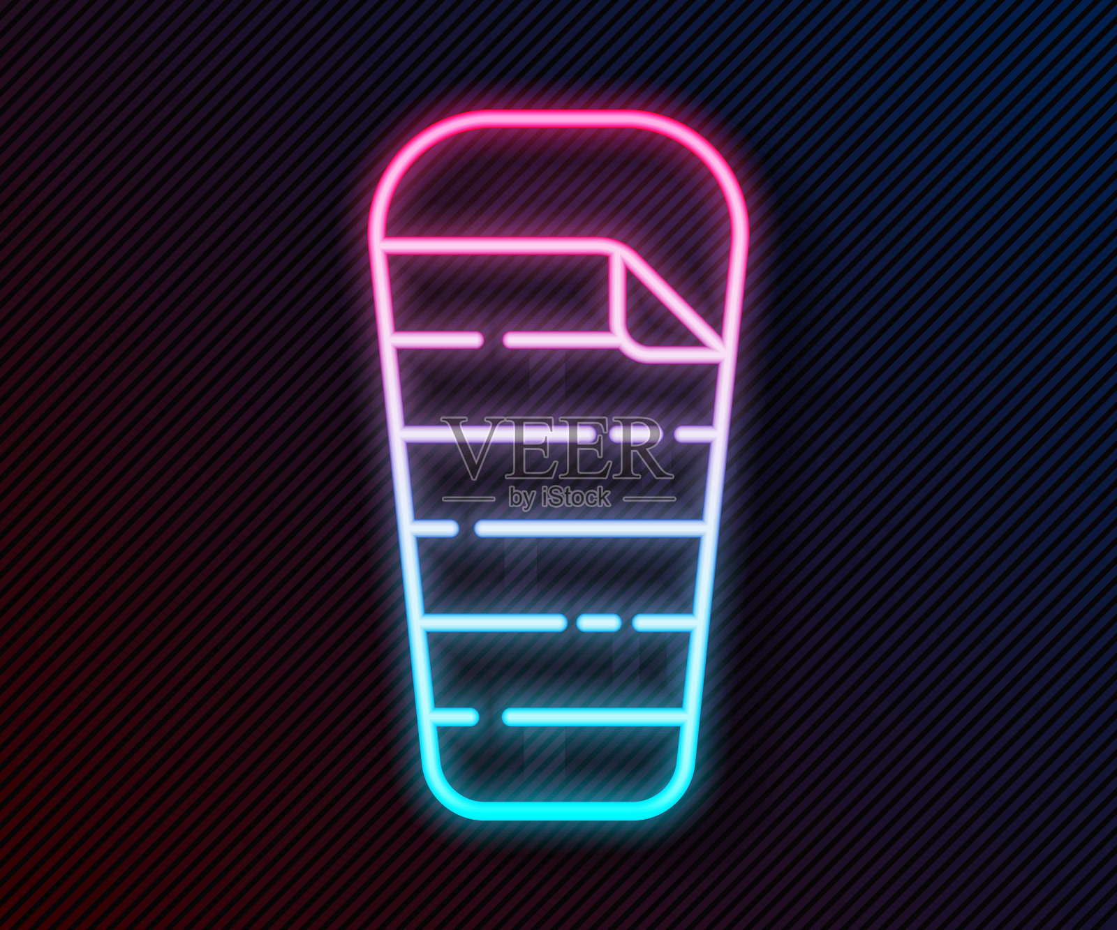 发光的霓虹灯线睡袋图标孤立在黑色的背景。向量插画图片素材