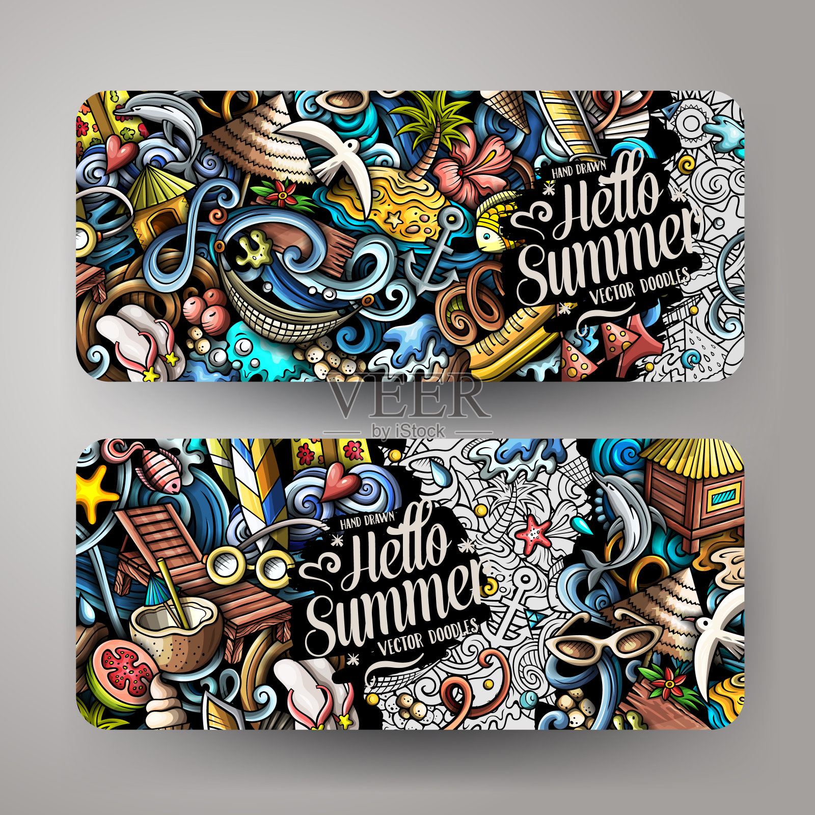 卡通可爱的涂鸦夏日海滩横横幅集插画图片素材