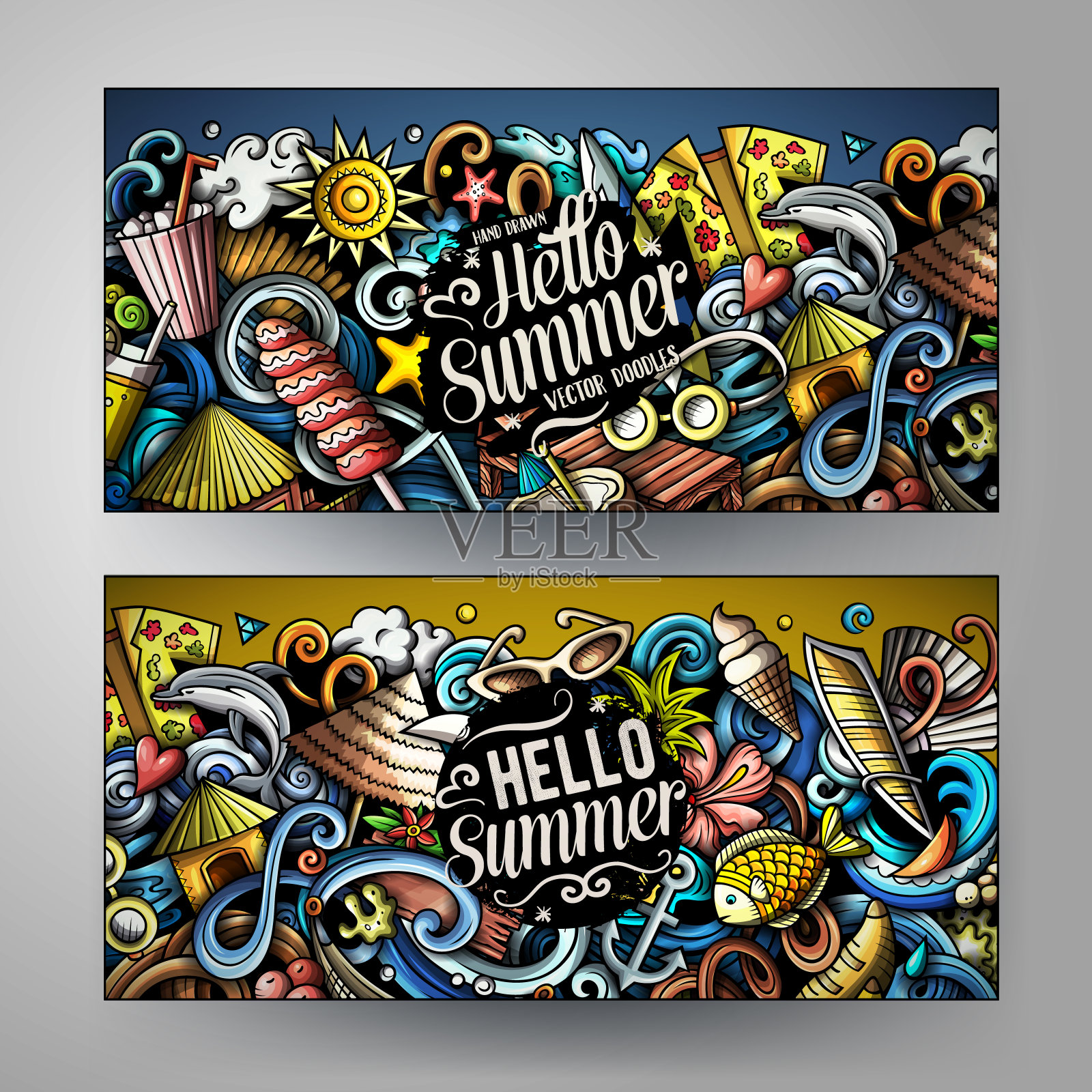 卡通可爱的涂鸦夏日海滩横横幅集插画图片素材