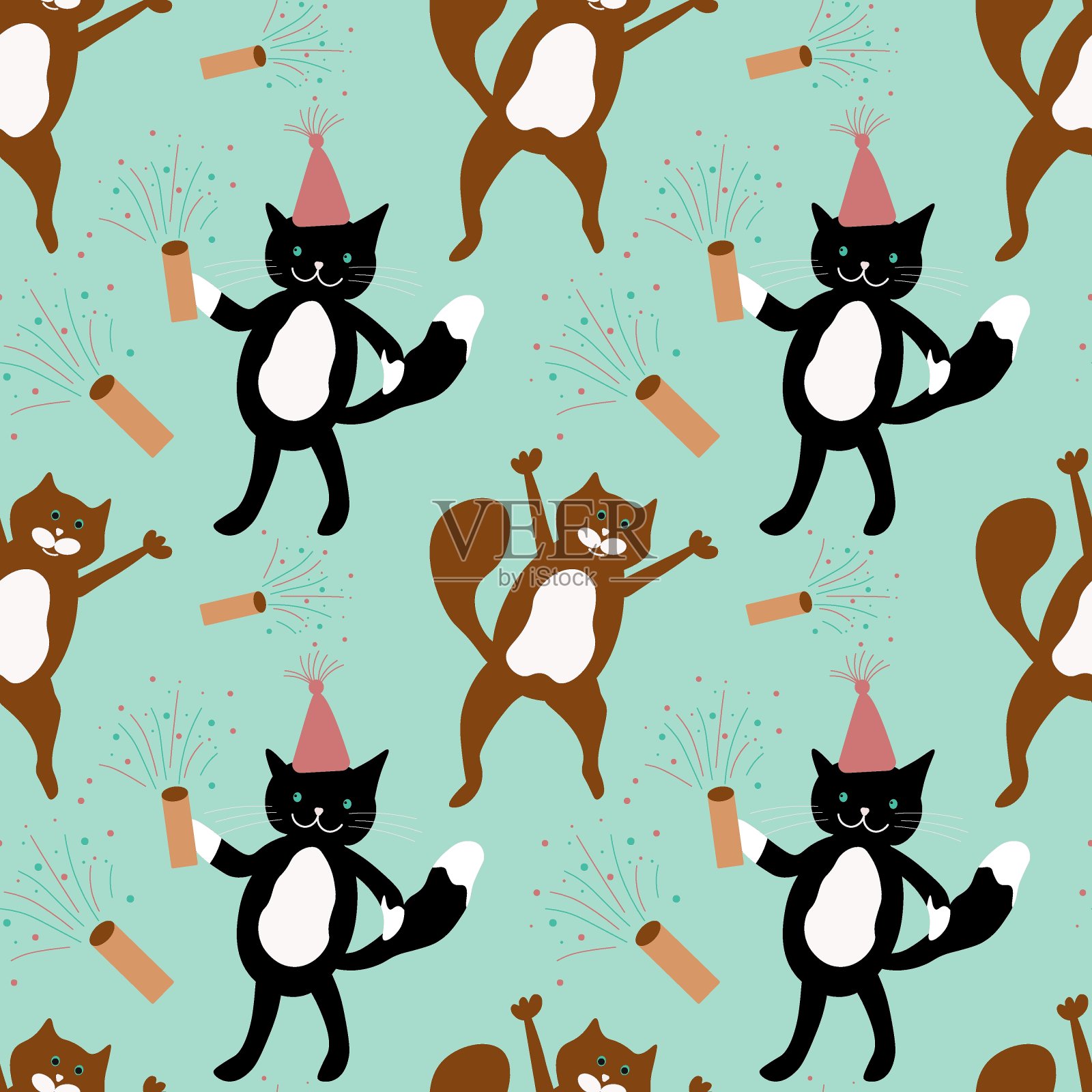 猫是有趣的设计。薄荷背景上的节日图案。爆竹，宠物，帽子。儿童插图包装，墙纸，纺织品插画图片素材