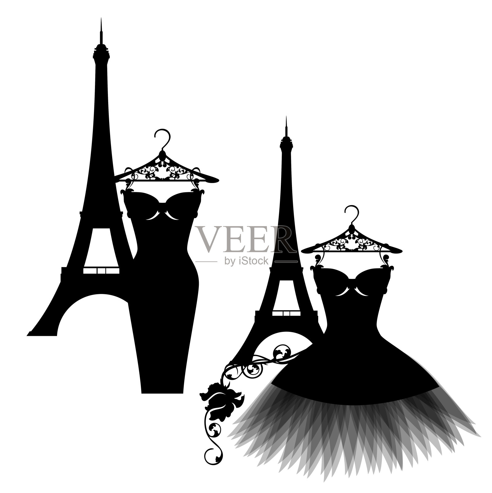 高级定制小黑裙和埃菲尔铁塔向量剪影集插画图片素材