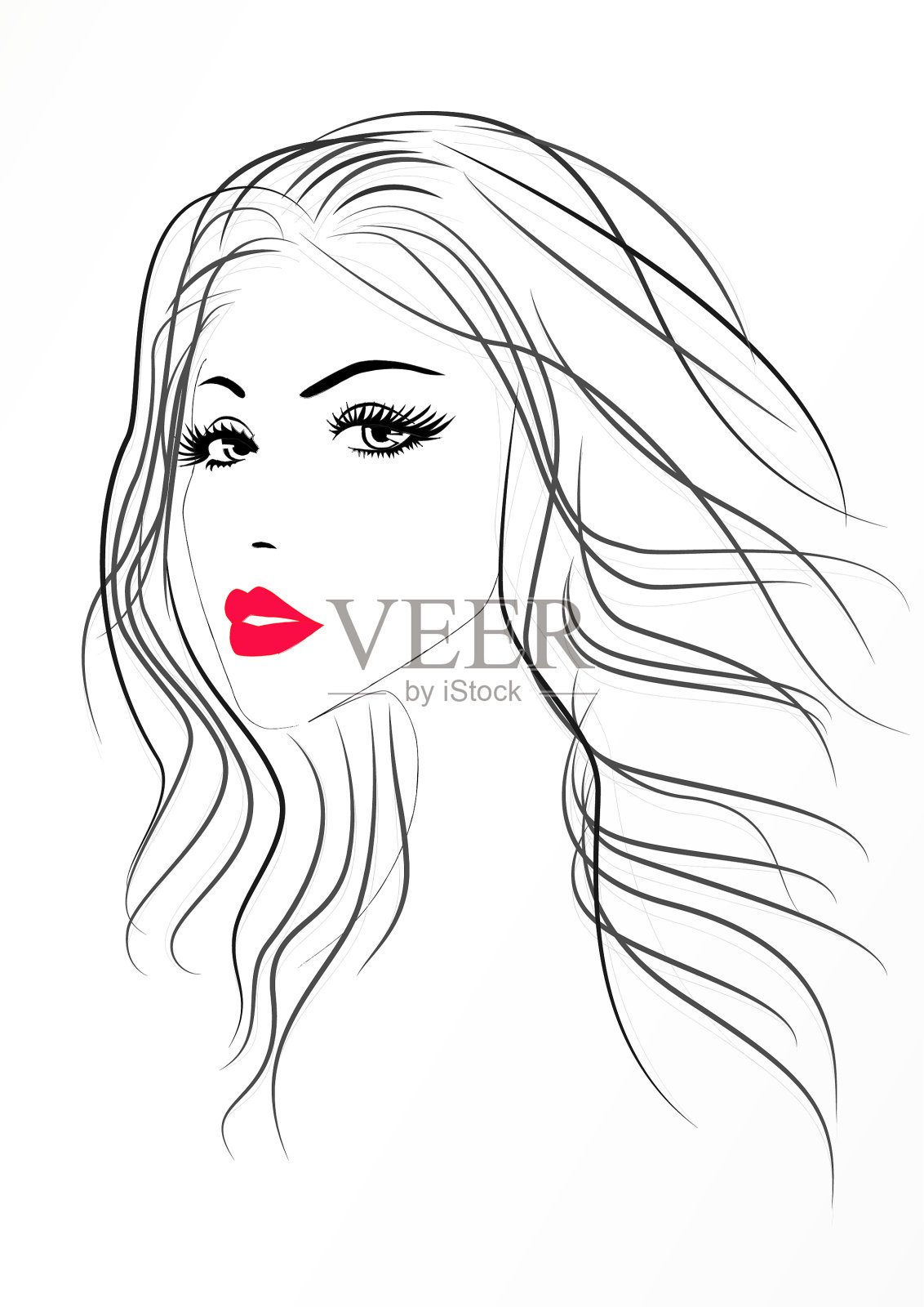 美丽的女人肖像与红色性感的嘴唇插画图片素材