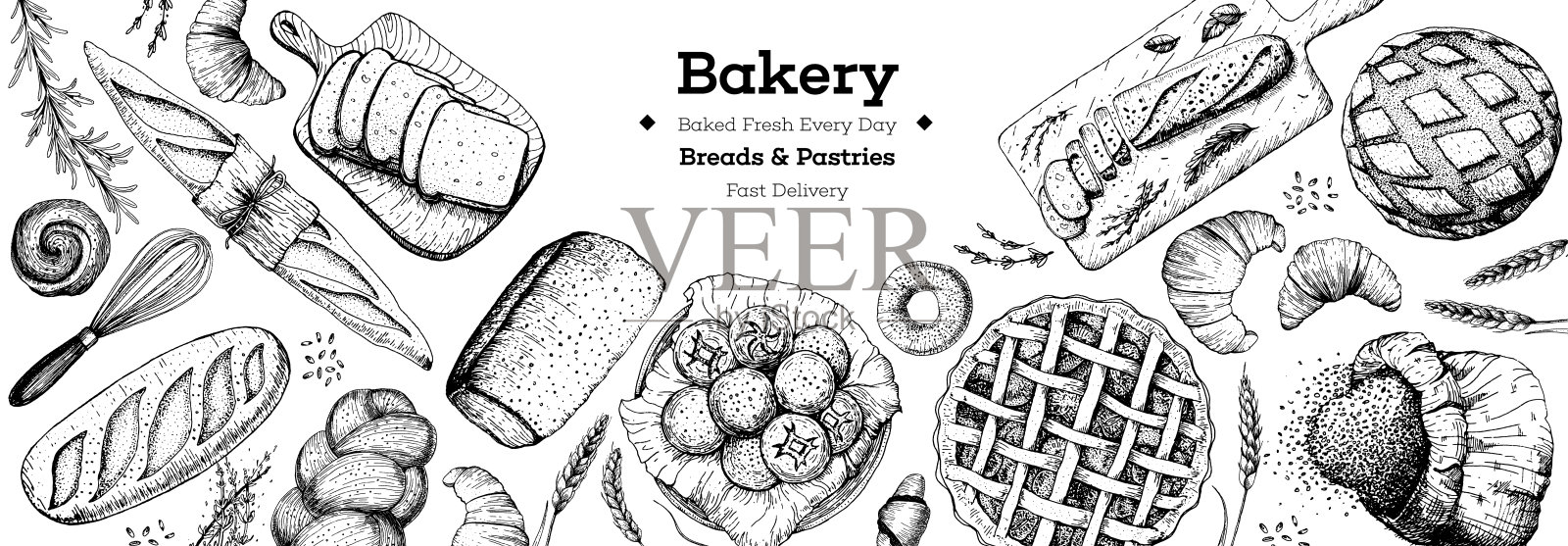 面包店的背景。面包店顶视图框架。手绘的面包，糕点，甜食。面包房设置矢量插图。背景设计模板。食品雕刻的形象。黑白包装设计。插画图片素材