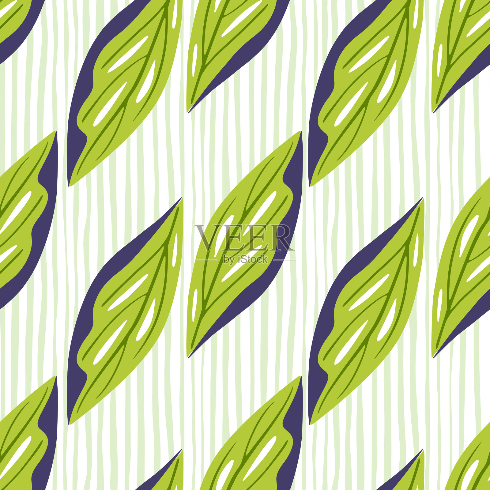 绿色涂鸦几何叶无缝图案中插画图片素材