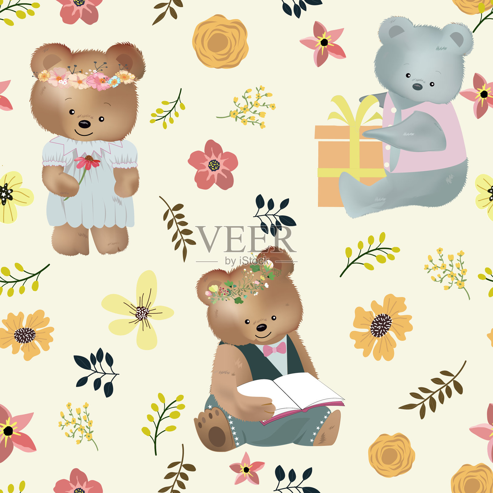可爱的泰迪熊和花朵无缝图案插画图片素材