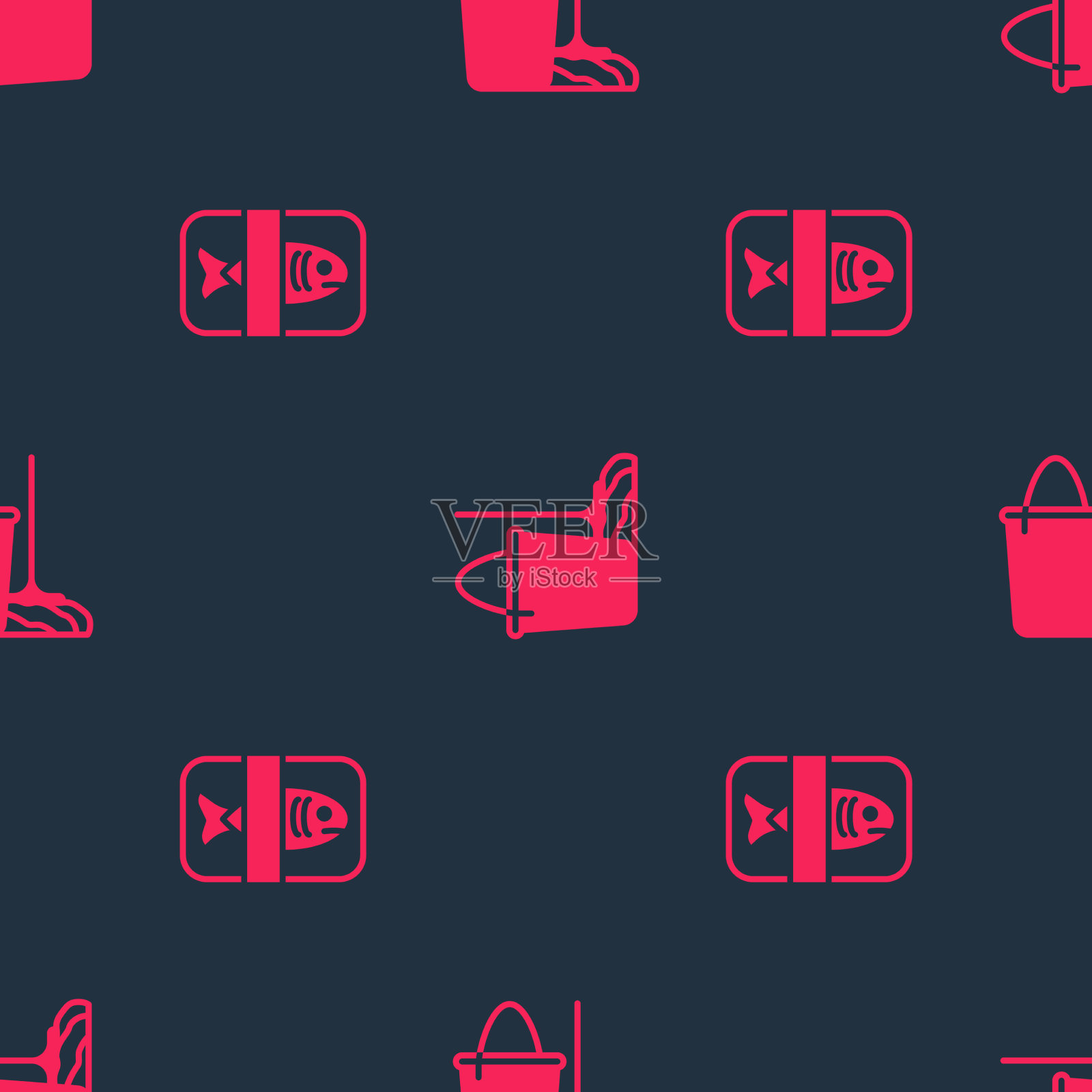 装好鱼的塑料托盘、容器、拖把和水桶图标素材