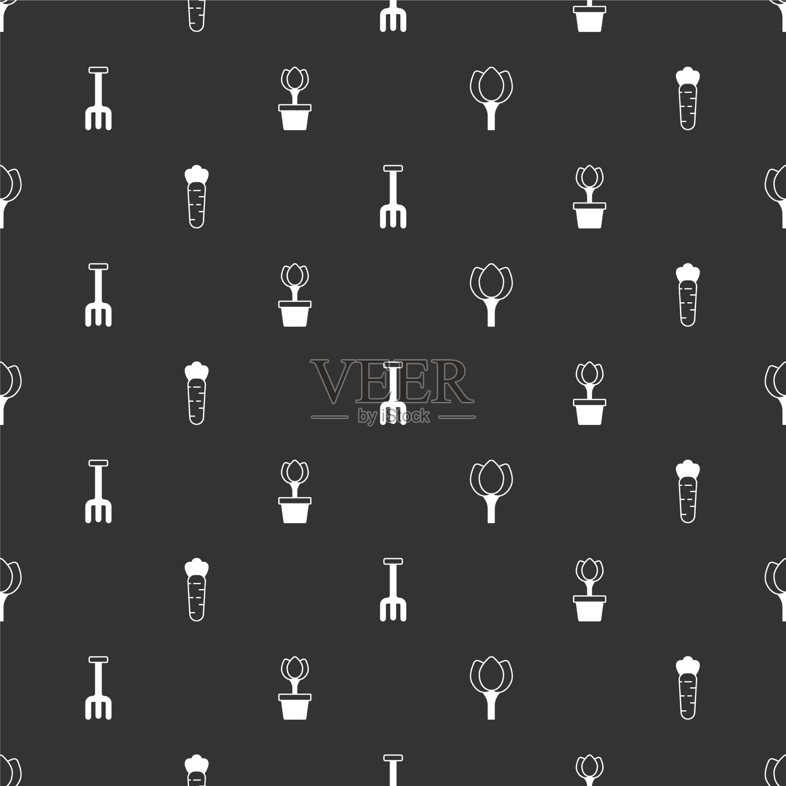 设置花，郁金香，胡萝卜，花园耙和在花盆图标素材