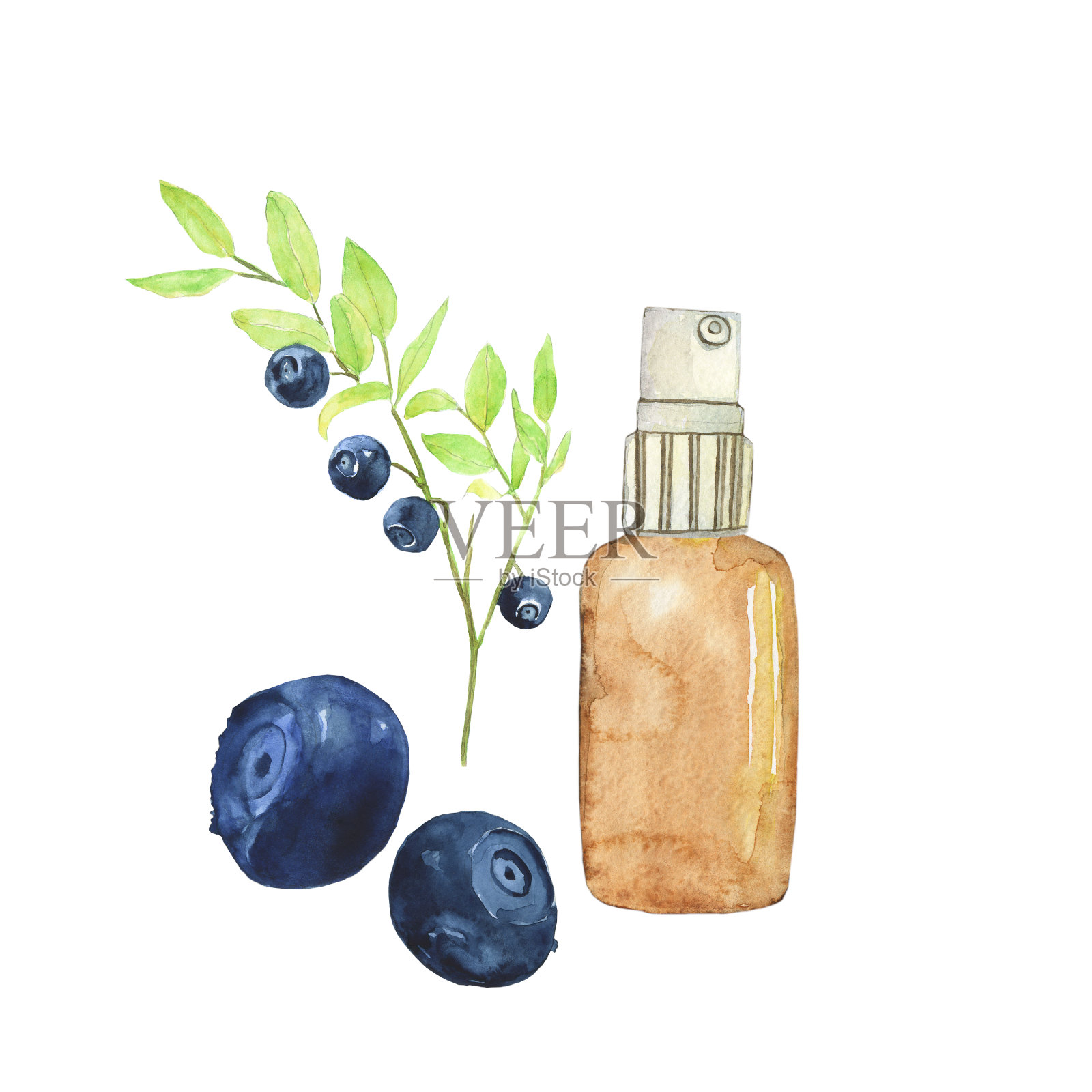 蓝莓或越桔喷雾在玻璃瓶中孤立在白色背景。水彩手绘插图。完美的海报，横幅，印刷，医疗设计。插画图片素材