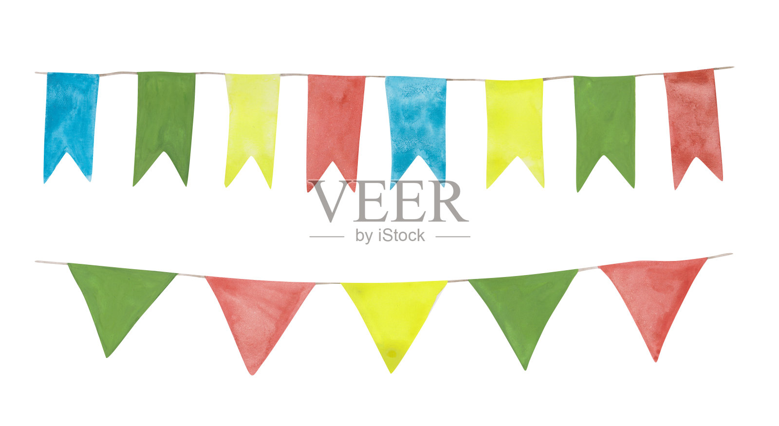 一组2花环孤立在一个白色的背景。丰富多彩的生日装饰。鲜艳的节日旗帜插图。黄色，红色，蓝色和绿色的装饰为狂欢节。插画图片素材
