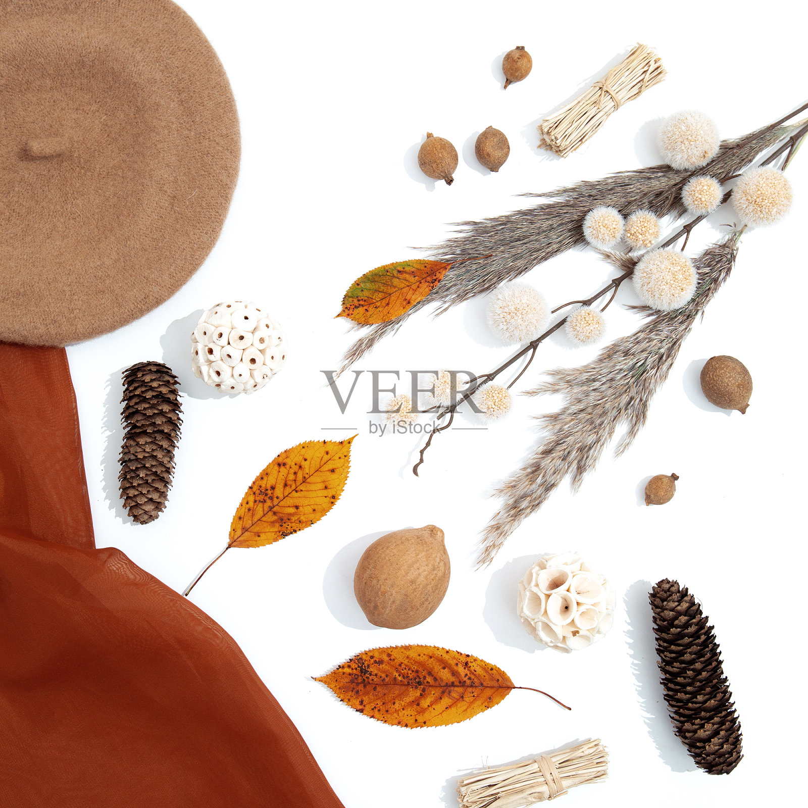 时尚平面布置场景。温暖的贝雷帽。最小秋冬早午餐装饰。时尚的秋冬服装购物，销售概念，米色棕色的色彩趋势照片摄影图片