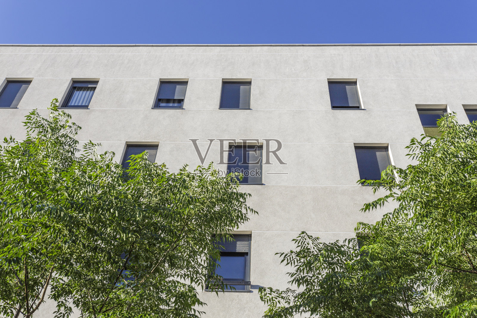 在一个阳光明媚的夏日早晨，住宅建筑的混凝土立面照片摄影图片