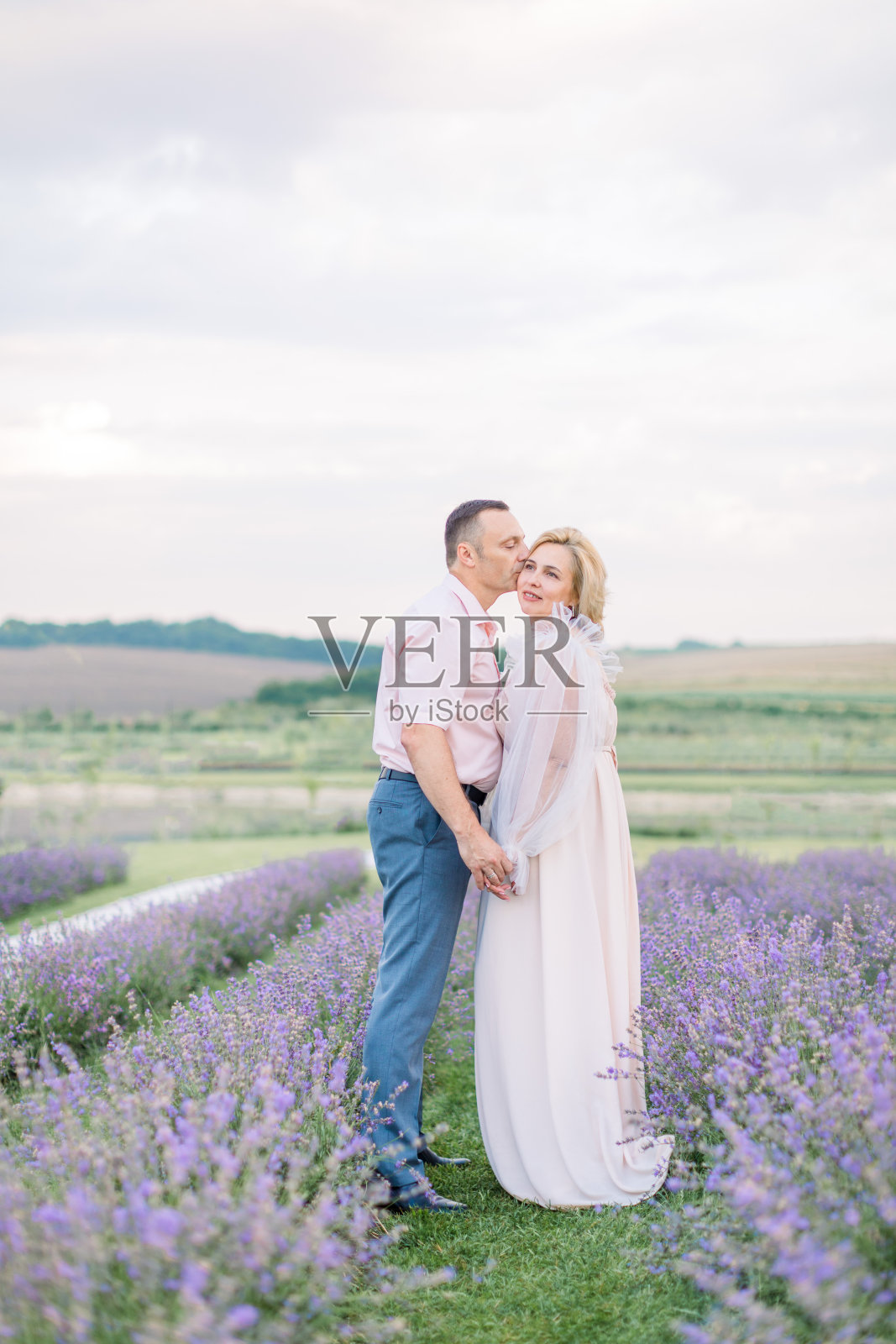 成熟浪漫的情侣漫步在薰衣草田里。照片摄影图片