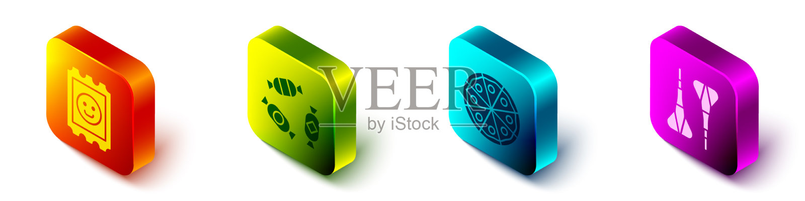 设置等距迷幻药标记糖果，披萨和飞镖图标素材