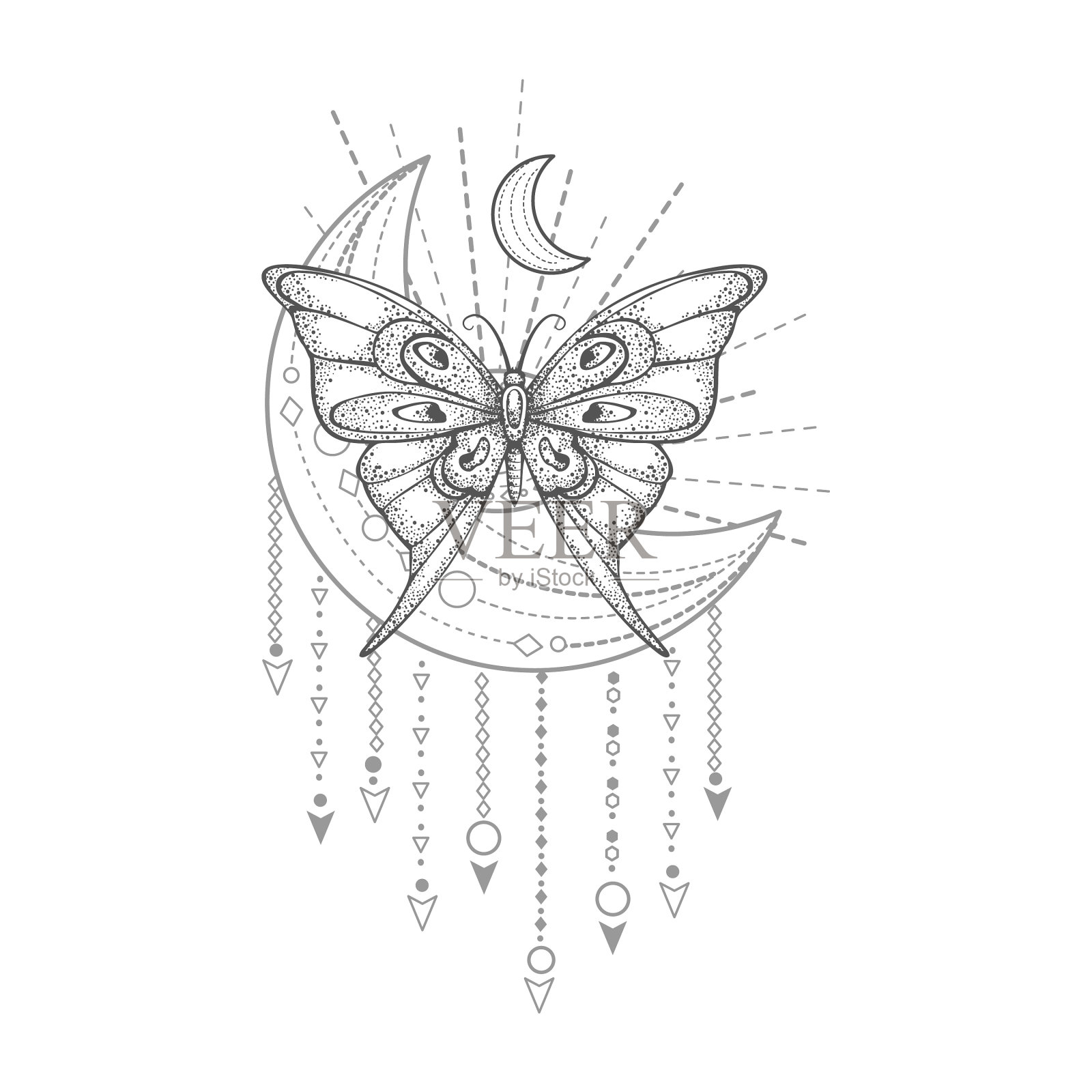 手绘蝴蝶和神圣的几何图案设计元素图片