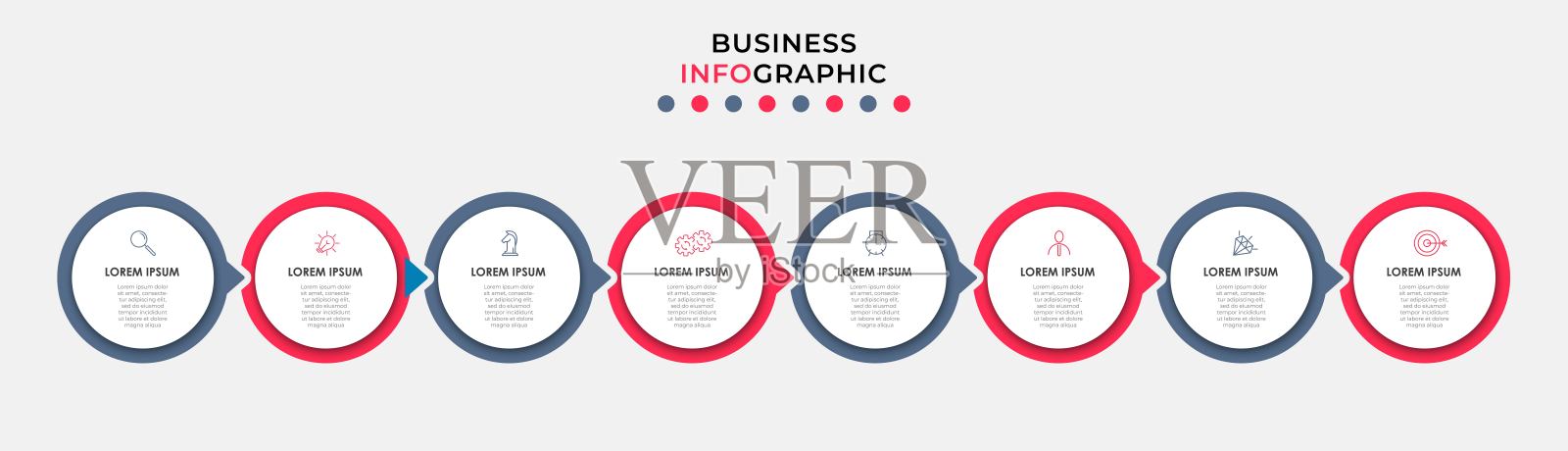 矢量信息图设计插图业务模板与图标和8个选项或步骤。可用于流程图，演示文稿，工作流布局，横幅，流程图，信息图插画图片素材