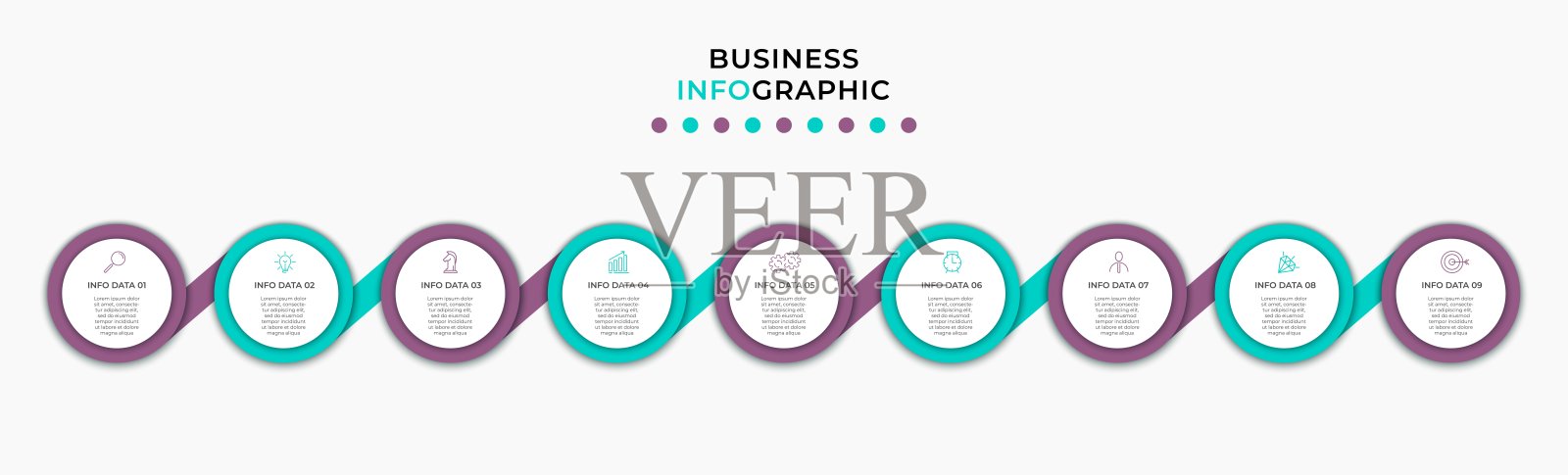 矢量信息图形设计插图业务模板与图标和9个选项或步骤。可用于流程图，演示文稿，工作流布局，横幅，流程图，信息图插画图片素材