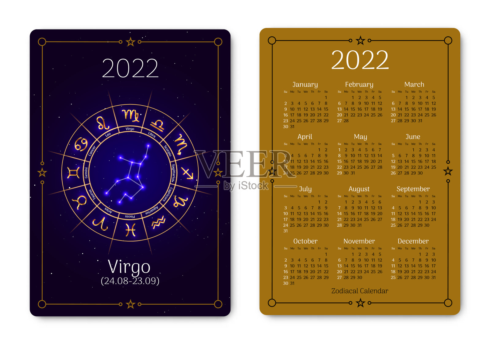 处女座口袋大小日历布局与黄道星座插画图片素材