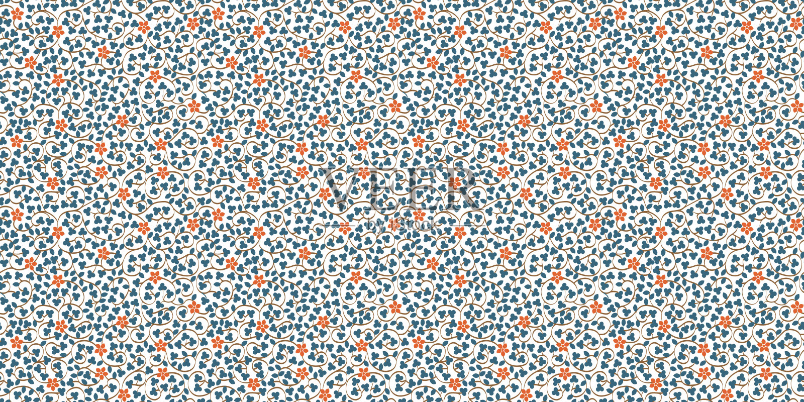 花型无缝花纹，花朵盛开，叶上白色插画图片素材