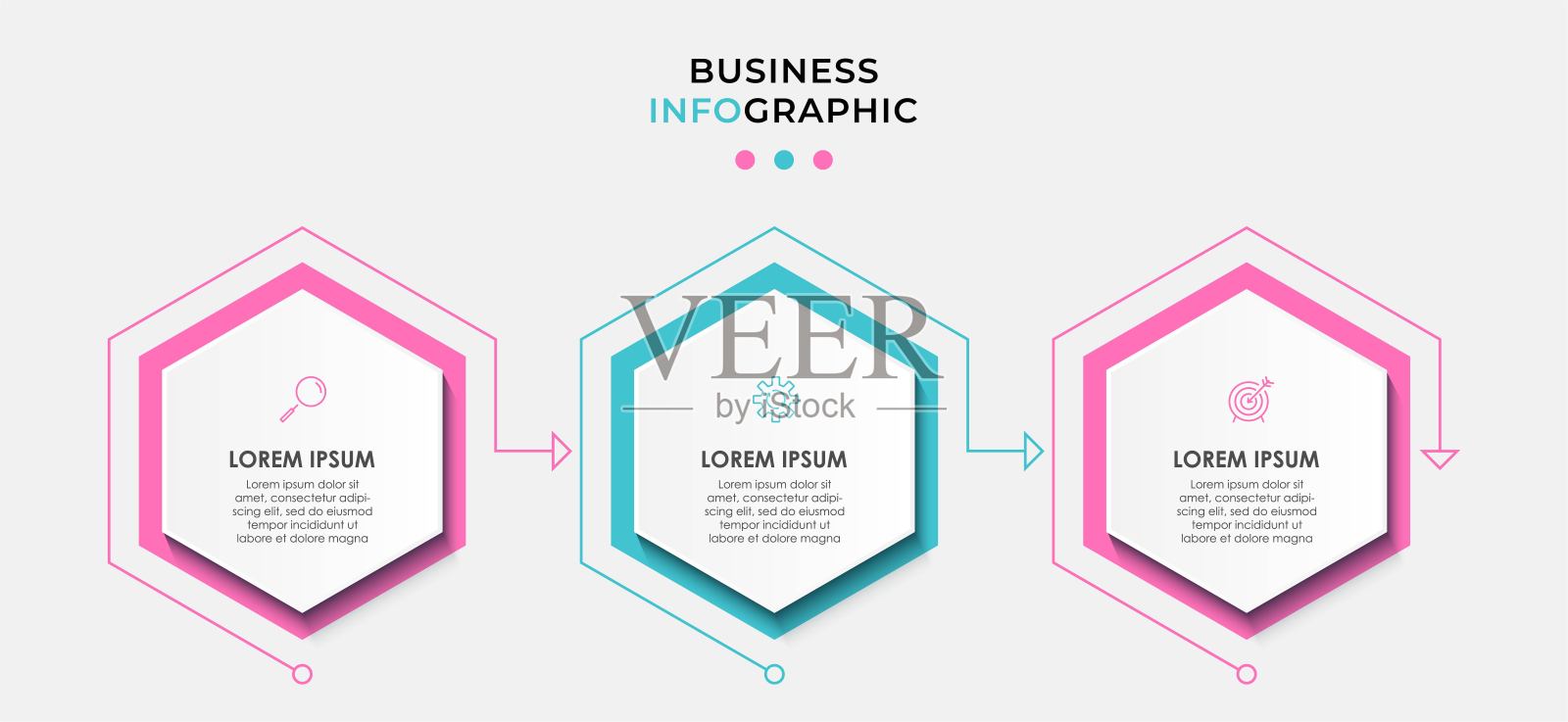 矢量图形设计业务模板与图标和3个选项或步骤。可用于流程图，演示文稿，工作流布局，横幅，流程图，信息图设计模板素材