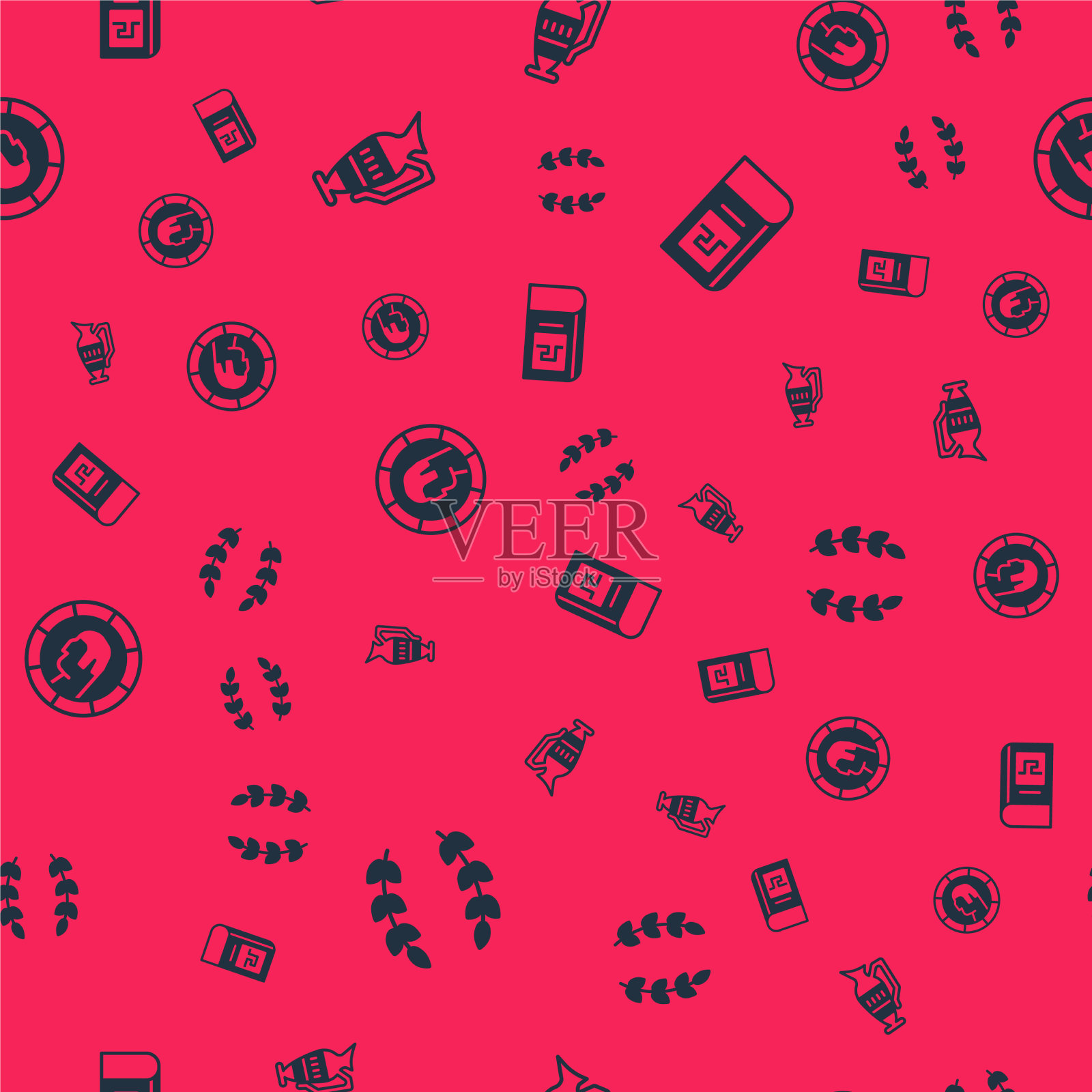 设置月桂花环古代双耳罐希腊硬币图标素材