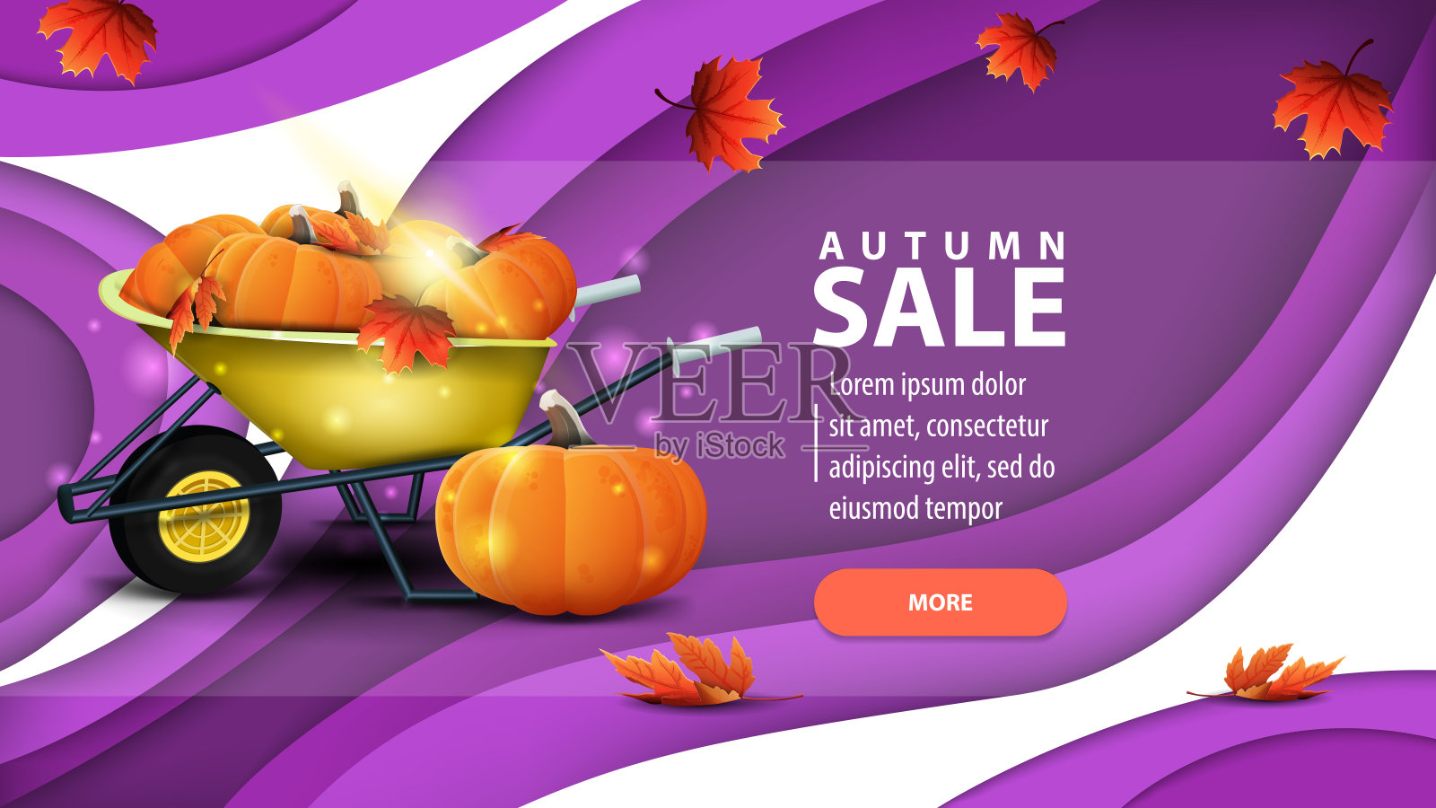 秋天出售，剪纸风格为您的网站与收获的南瓜和秋天的叶子花园独轮手推车现代网页横幅插画图片素材