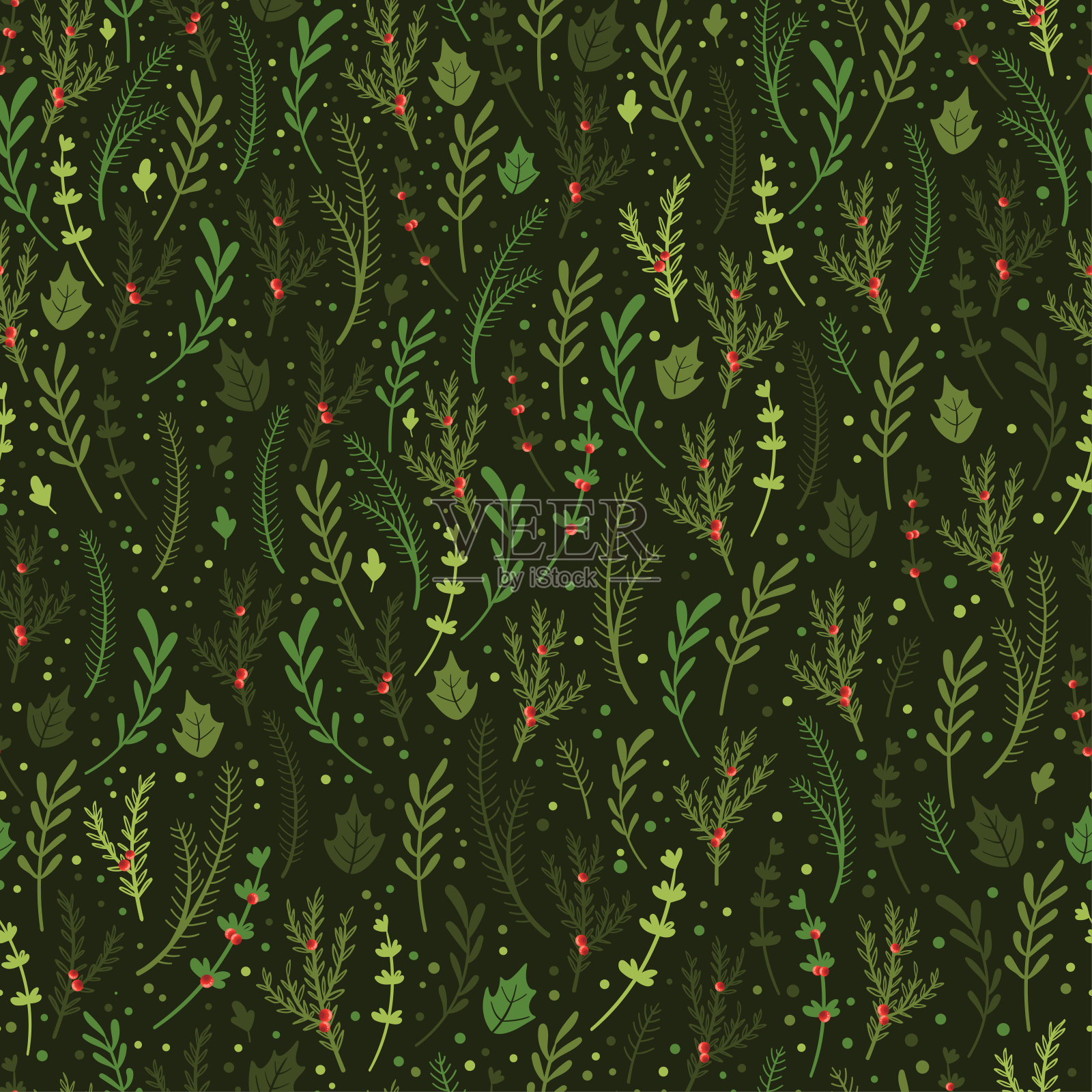 可爱的手绘圣诞树枝无缝图案，可爱的涂鸦背景与冷杉，冬青浆果和装饰-伟大的包装，纺织品，横幅，壁纸-矢量设计插画图片素材