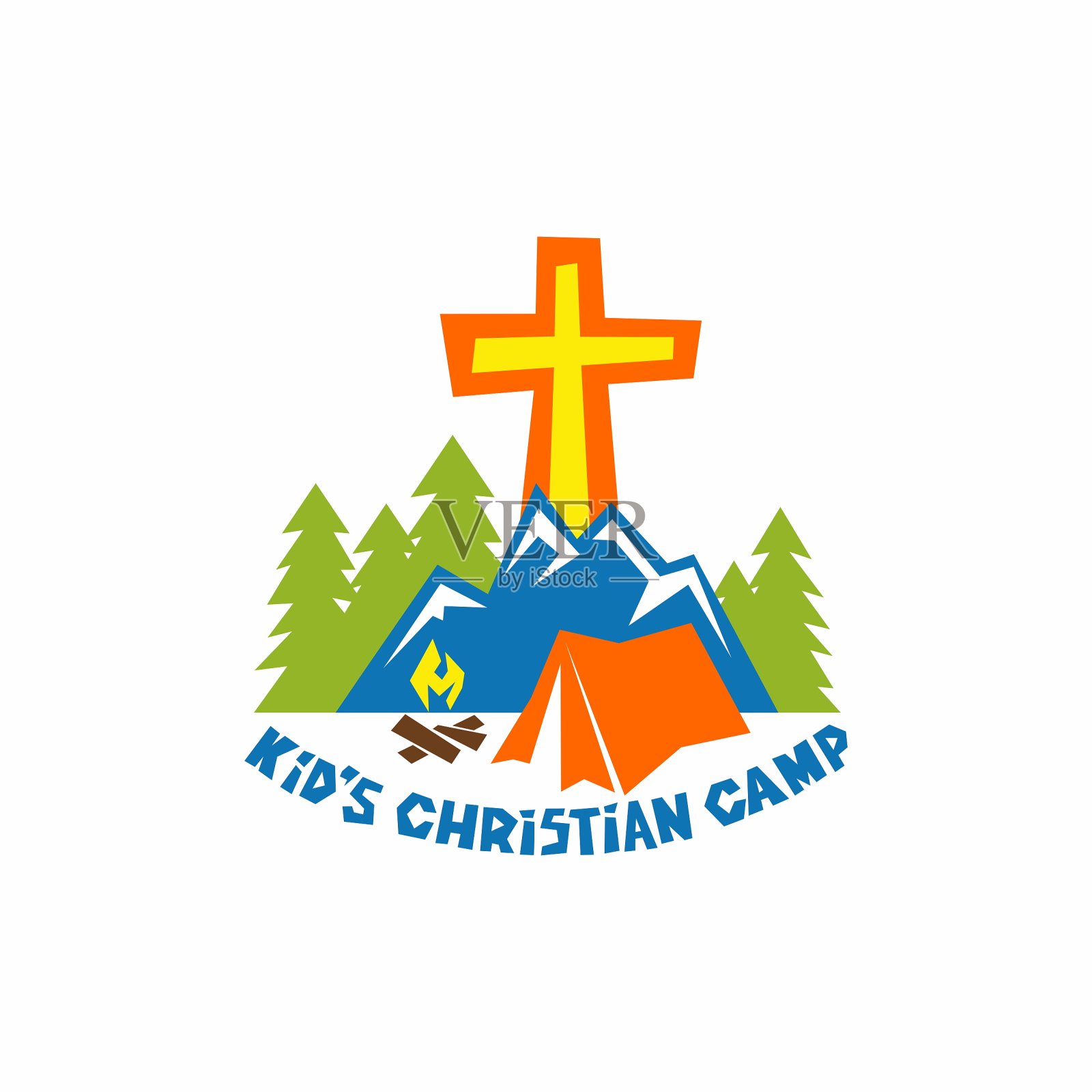 儿童夏令营的标志。山脉，指南针，帐篷，火和树插画图片素材
