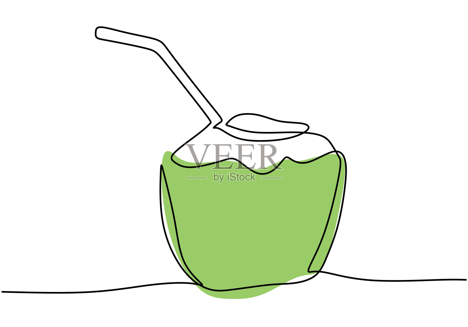 连续一行画绿色椰子水饮料与饮用吸管。夏季甜点和饮料菜单。在夏天缓解口渴和脱水。健康的生活方式的概念。矢量图插画图片素材