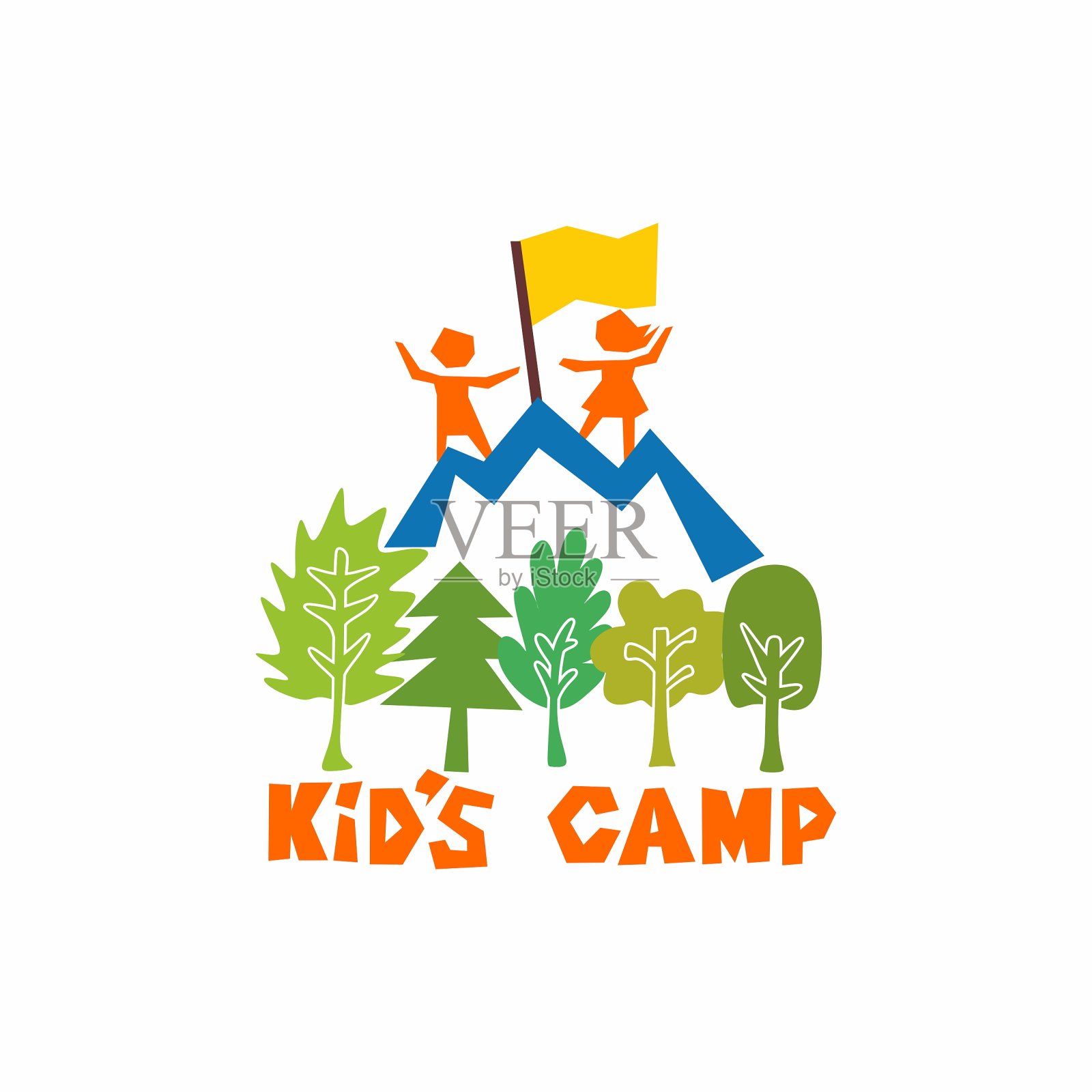 儿童夏令营的标志。山，旗，树，孩子插画图片素材